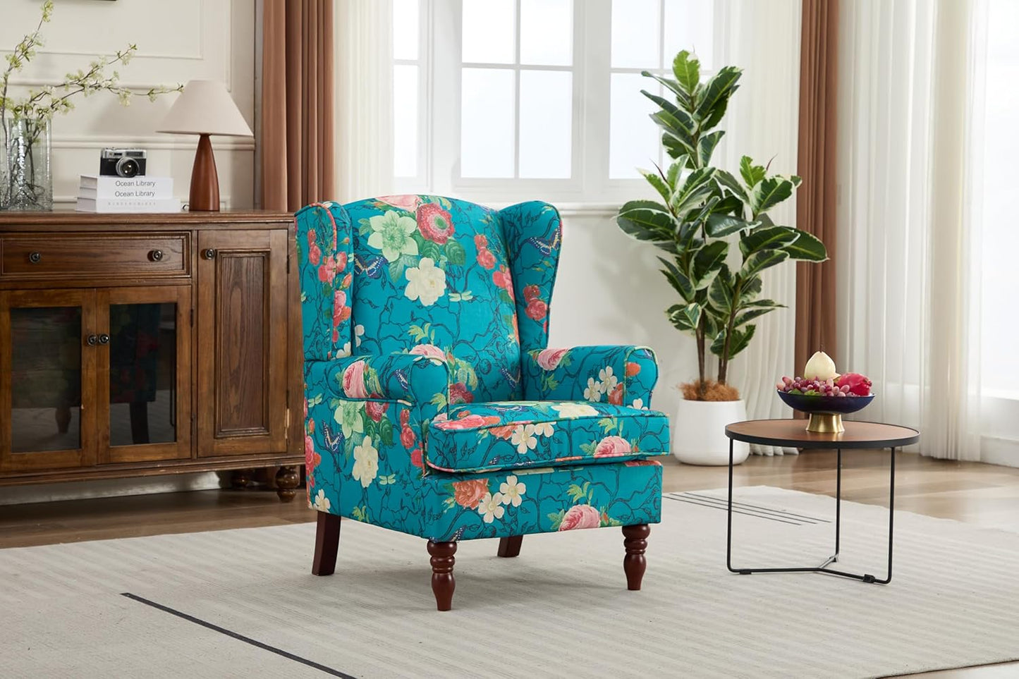 Ball & Cast Modern Accent Chair,Comfy Upholstered Armchair with Retro Wood Legs,Floral Design Single Sofa Chair,Living Room Furniture for Apartment,Bedroom,Office,Linen Fabric,Floral Cyan