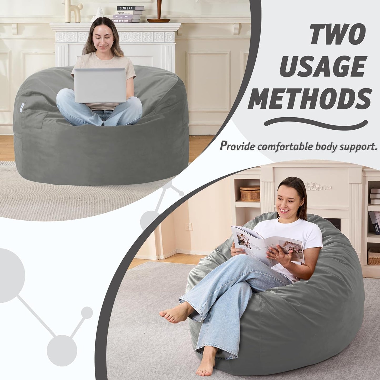 3FT Bean Bag Chair with Ultra Soft Velvet Cover Bean Bag Sofa with Memory Foam Bean Bag Chairs with Large Size Lazy Sofa for Dorm Office Living Room Bedroom Silver Grey 3'