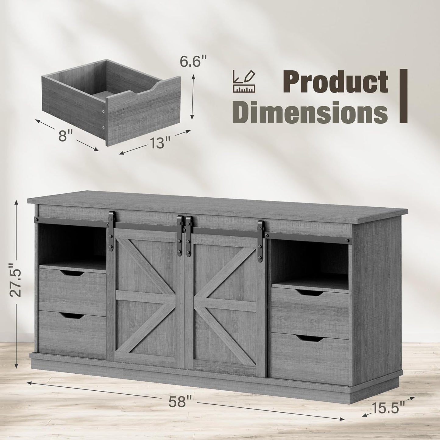 YESHOMY TV Stand for Televisions up to 65 Inchs, with Sliding Barn Doors and 4 Storage Drawers, Console Table and Media Furniture for Living Room, 58 Inch, Gray