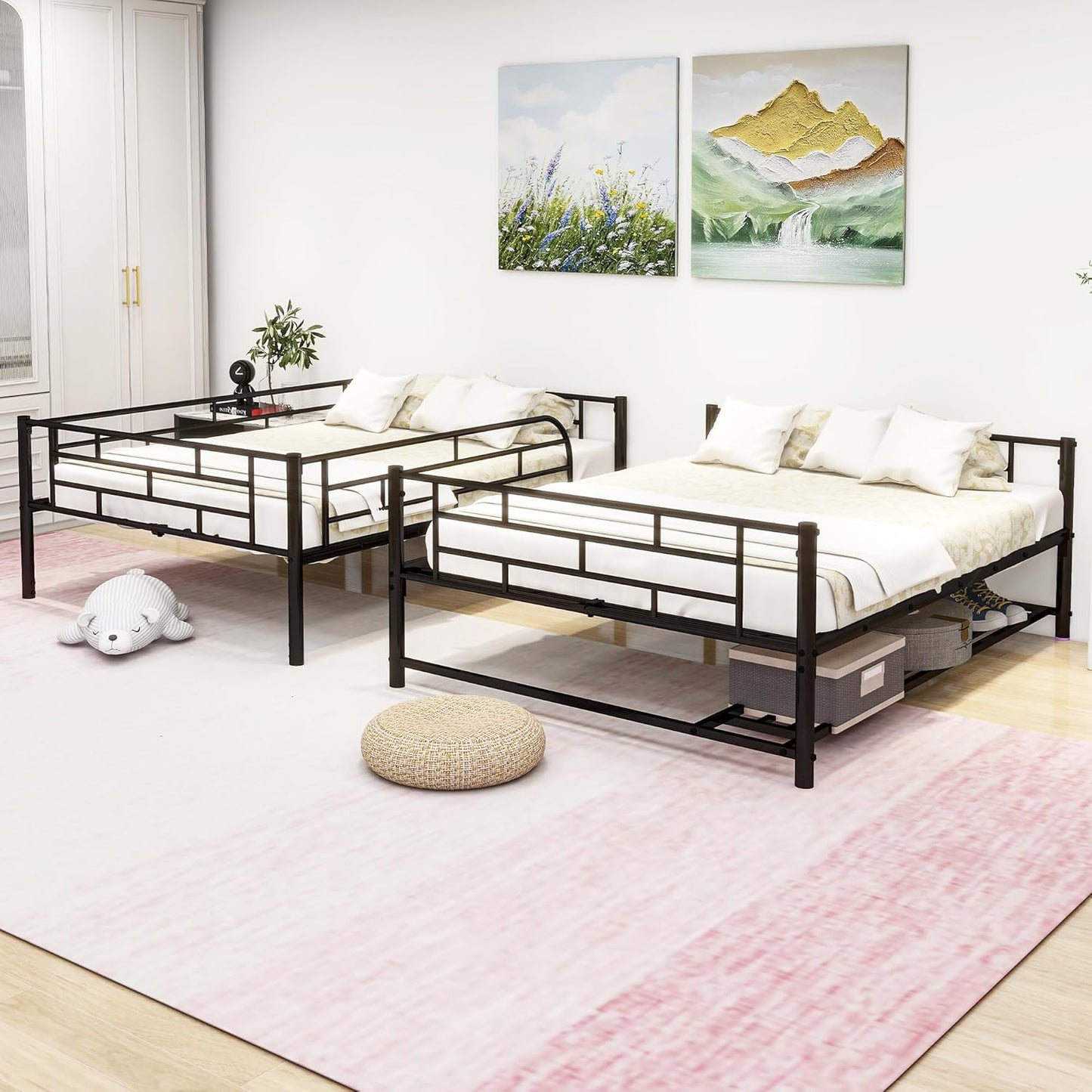 Metal Full Over Full Bunk Bed with Storage Shelf and Guardrails,Multifunctional Bed Frame w/Ladder,Can Seperated into 2 Beds,No Spring Needed,for Kids Boys Girls Teens,Black