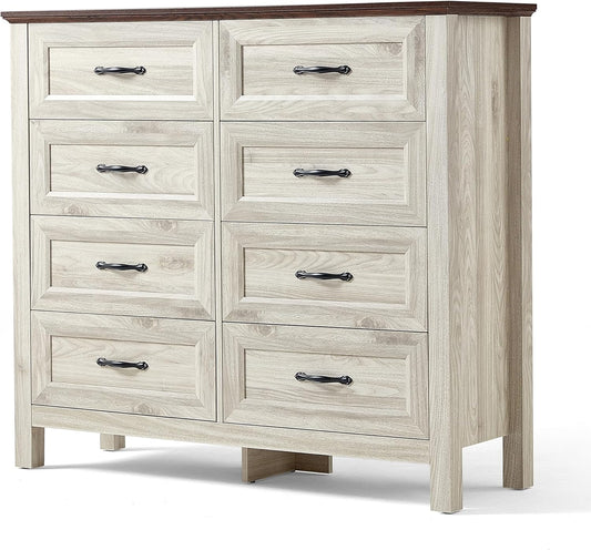 LINSY HOME Dresser for Bedroom with 8 Drawers, Updated Wide Chest of Drawers, Modern Farmhouse Bedroom Tall Dresser with Storage Organizer, Wooden Dressers for Living Room, Beige