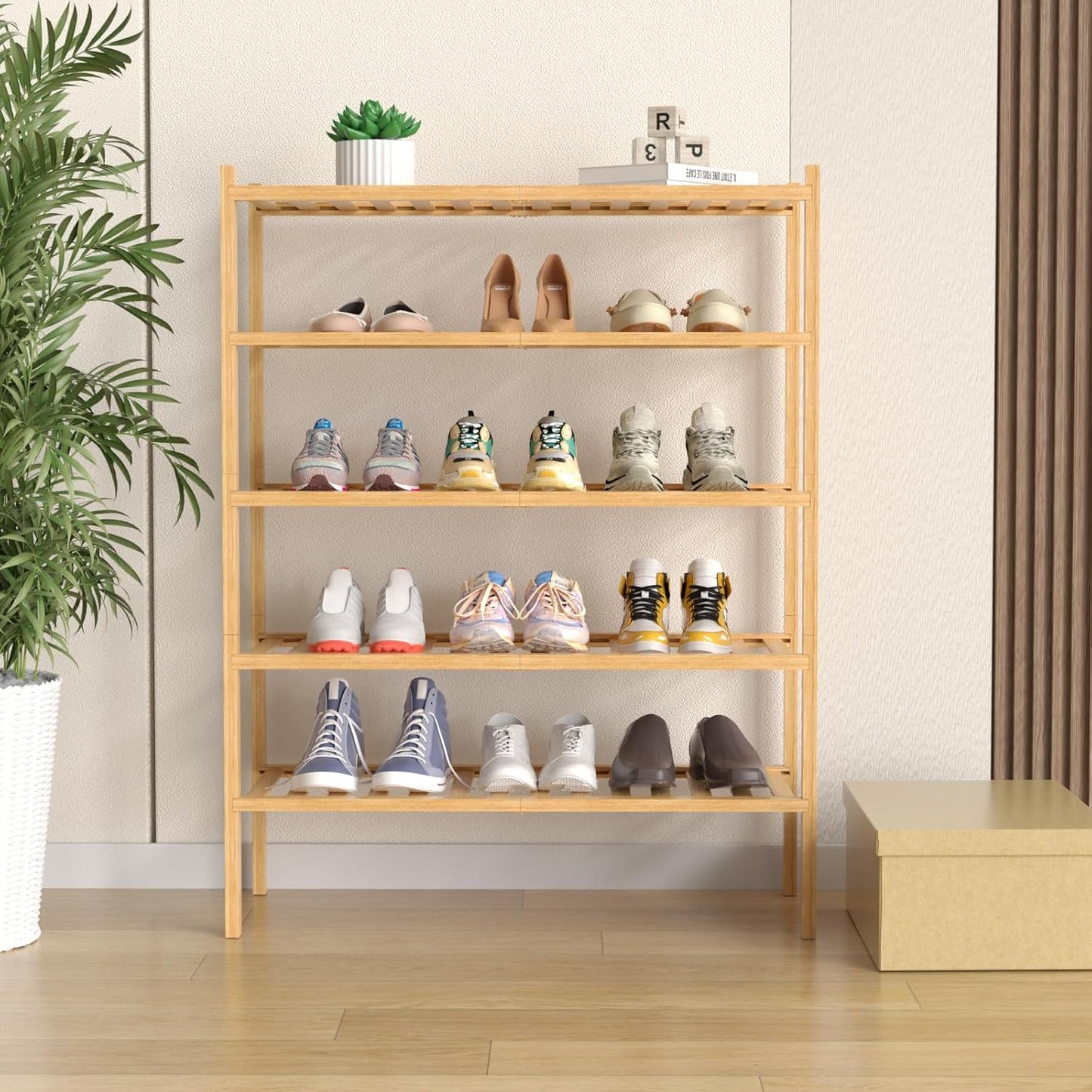 5 Tier Bamboo Shoe Rack for Closet Free Standing Wood Shoe Shelf for Entryway Small Space Stackable 27"x11"x33" (Natural)