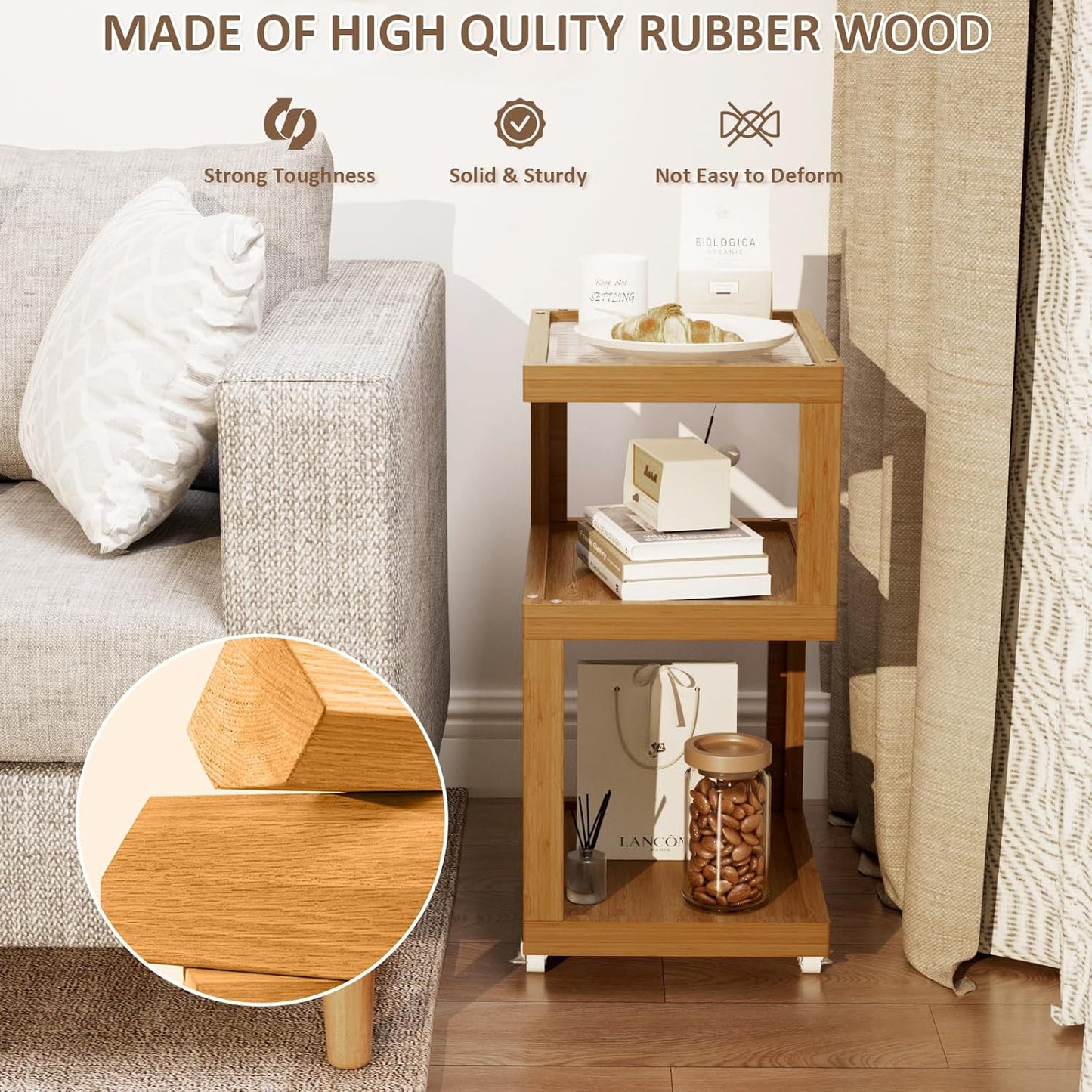 3-Tier Side Table - Walnut Geometric Design with Glass Top & Wheels, Sofa & Bedside Table for Small Spaces, Living Room & Bedroom Modern Minimalist