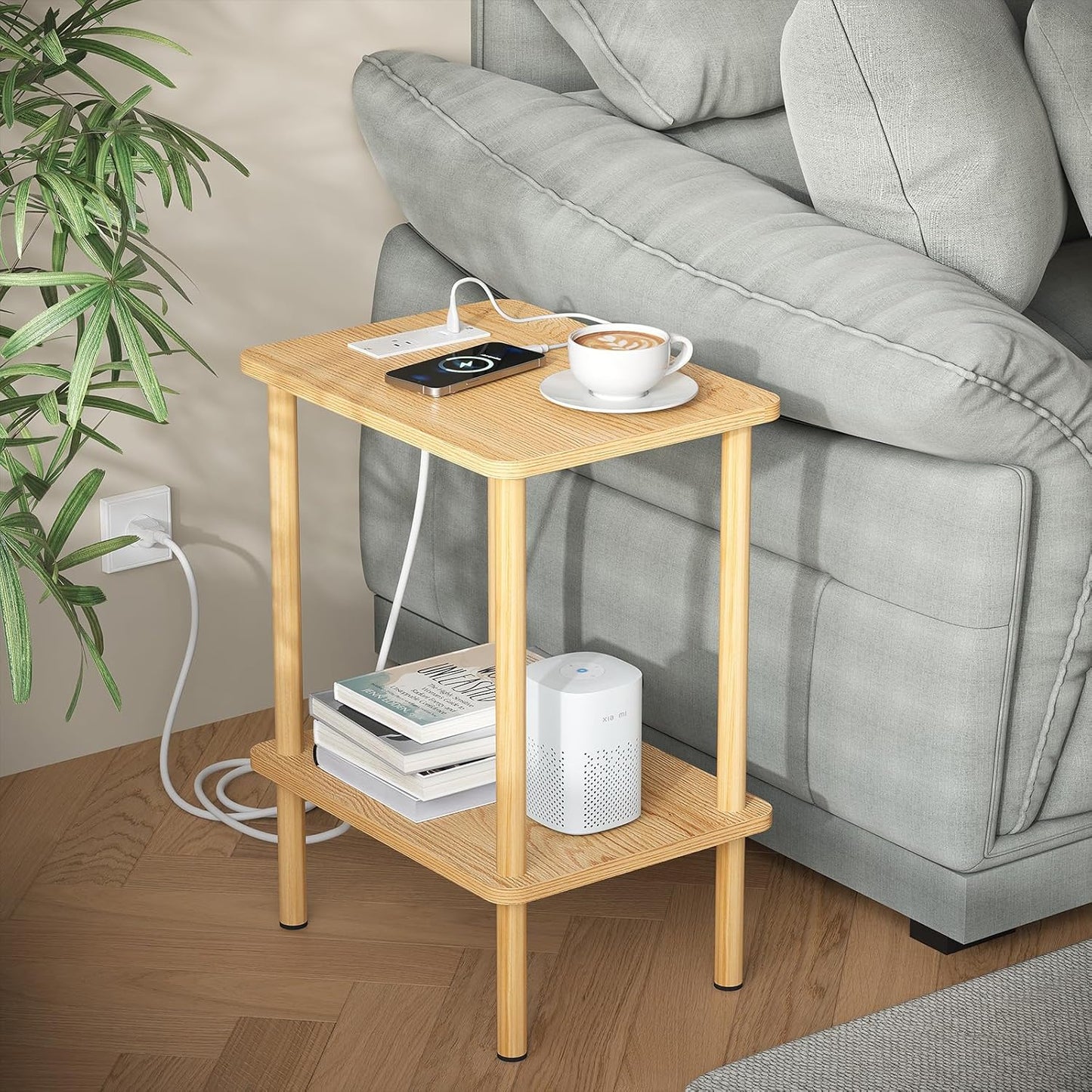 Apicizon 2 Tier End Table, Small Side Table with Charging Station, Boho Bedside Table with USB Ports and Outlets, Nightstand for Small Spaces, Bedroom, Living Room, Entryway, Easy Assembly, Natural