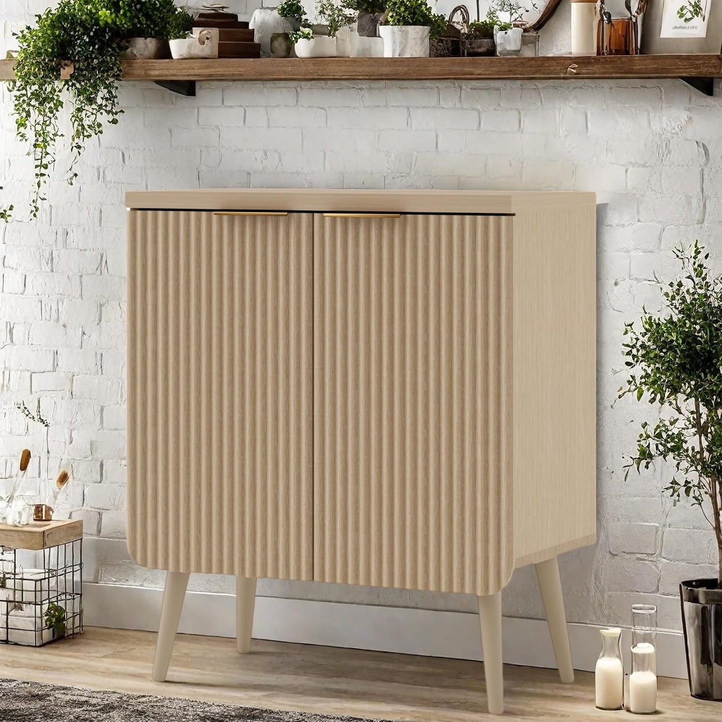 Buffet Cabinet, Sideboard Fluted Cabinet Modern Kitchen Buffet Storage Cabinets with Doors and Shelves, Wood Farmhouse Coffee Bar Station for Entryway & Dining Room & Living Room, Natual Oak