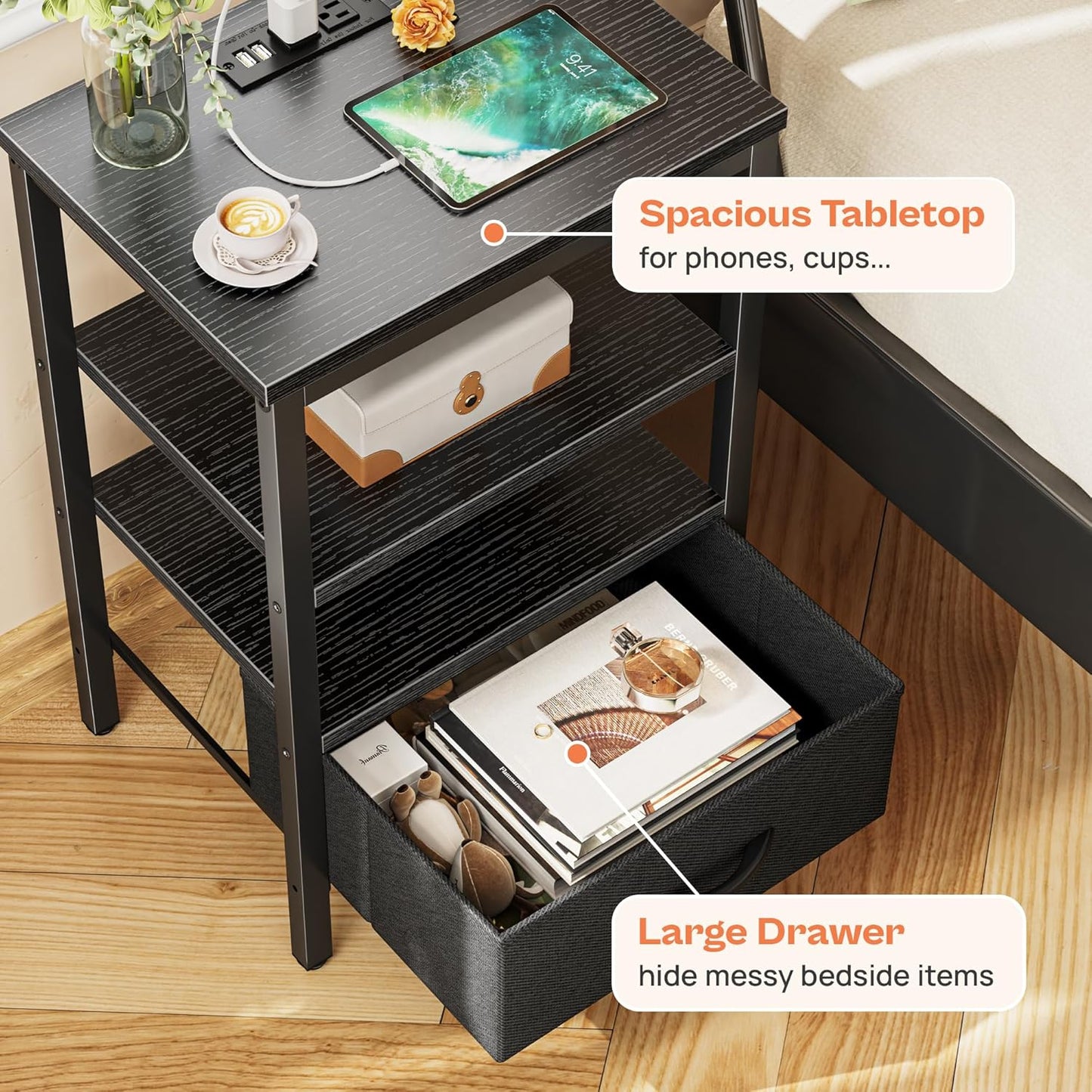 SUPERJARE Nightstand Set of 2, Bed Side Tables with Charging Station, Adjustable Fabric Drawer, Night Stand for Bedroom, 3-Tier Storage End Tables, Black