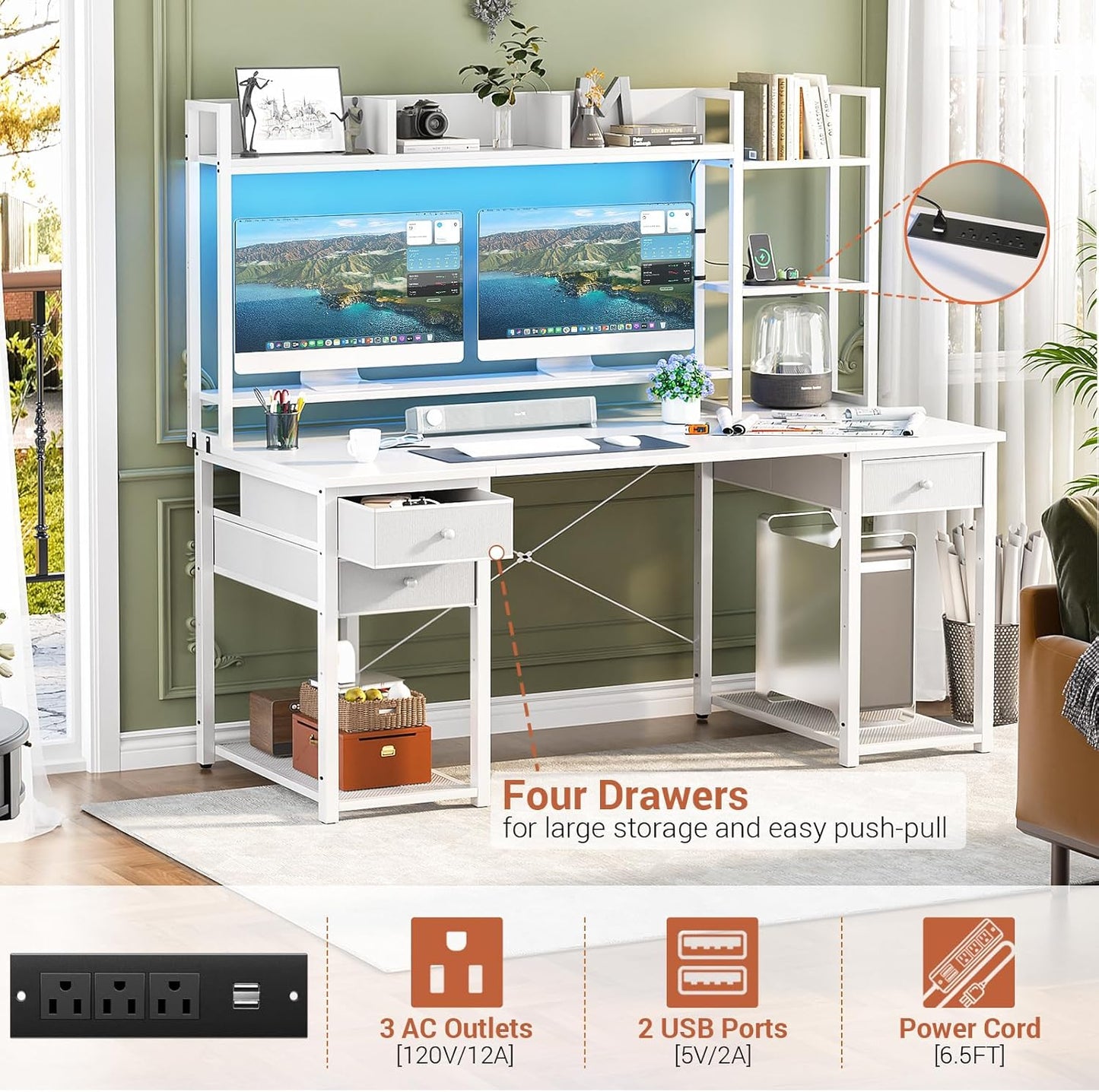 Aheaplus LED Gaming Desk with Hutch, 55.2" Workstation - White