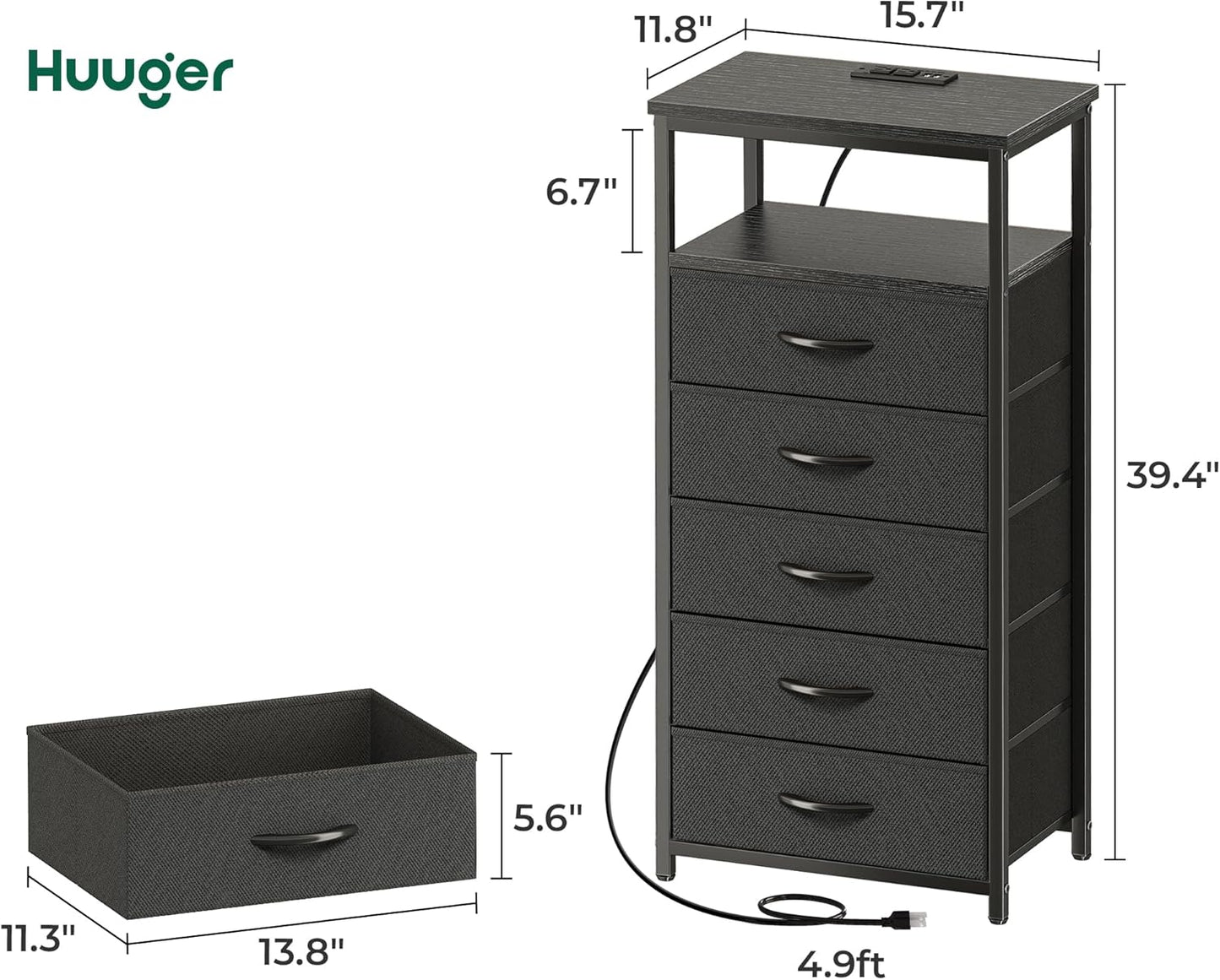 Huuger 5 Drawers Dresser with Charging Station, Dresser for Bedroom, Tall Night Stand, Chest of Drawers with Open Shelf, Bedside Table Nightstand, Fabric Storage Drawers, for Entryway, Black