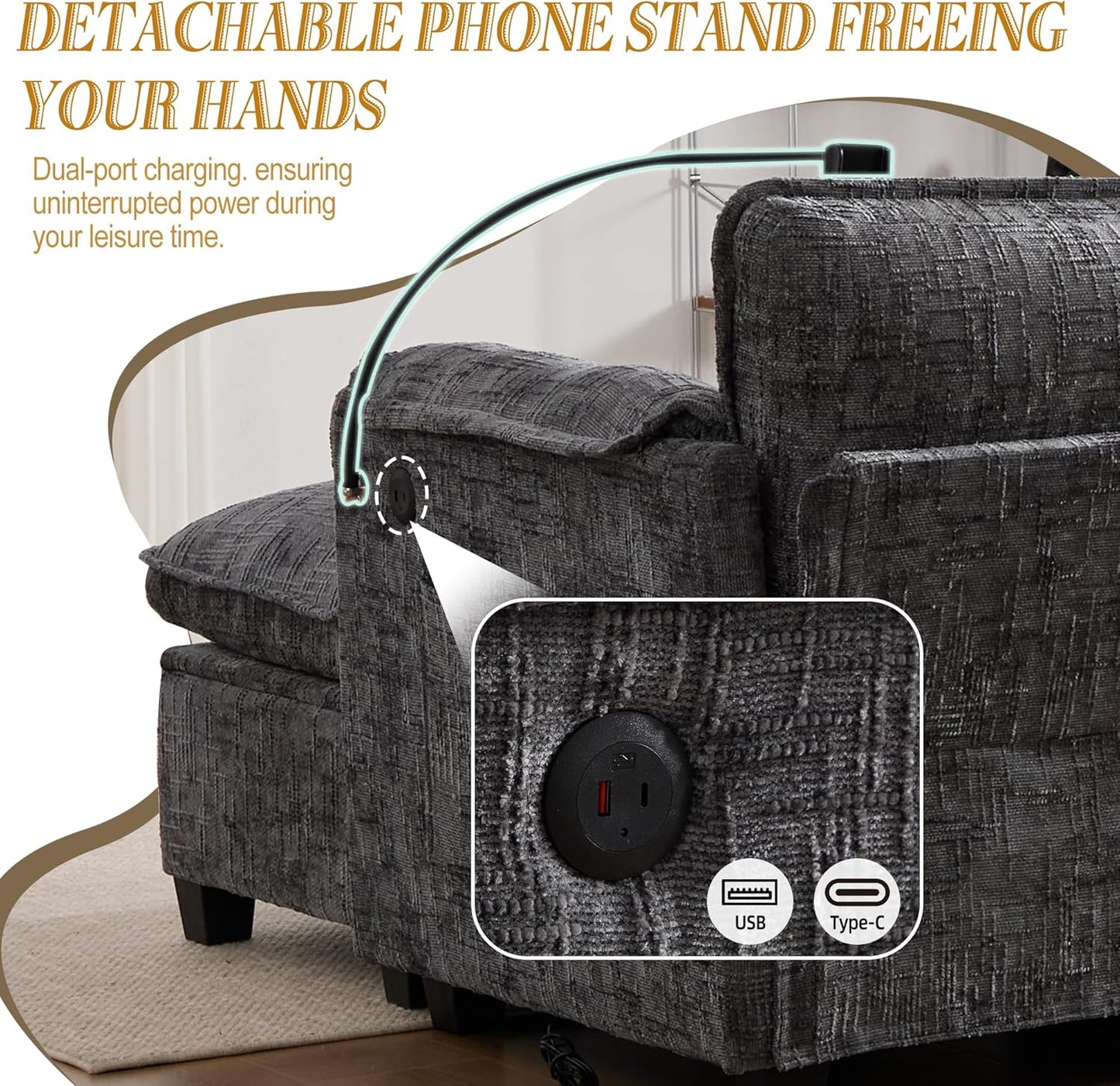 Ball & Cast 109" Oversized Sectional Sofa,Comfy Cloud Couch W/Movable Storage Ottoman,L Shaped Sectional Sofa W/USB Charging Port,Phone Holder&Side Pocke,Chenille Fabric,for Living Room,Gray