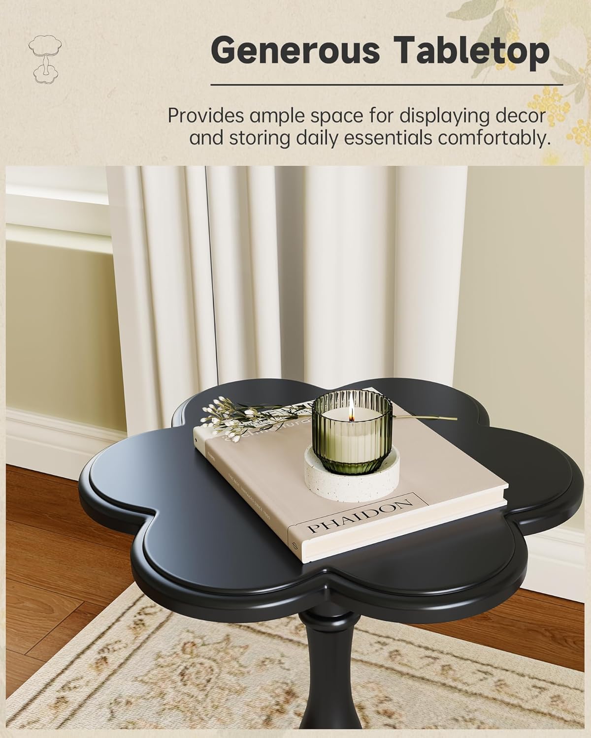 Accent Solid Wood End Table for Living Room, Small Bedside Tables Nightstand for Bedroom, Unique Pedestal Side Table, Round Wooden Tables for Drinks, Plants & Home Decor (Black)