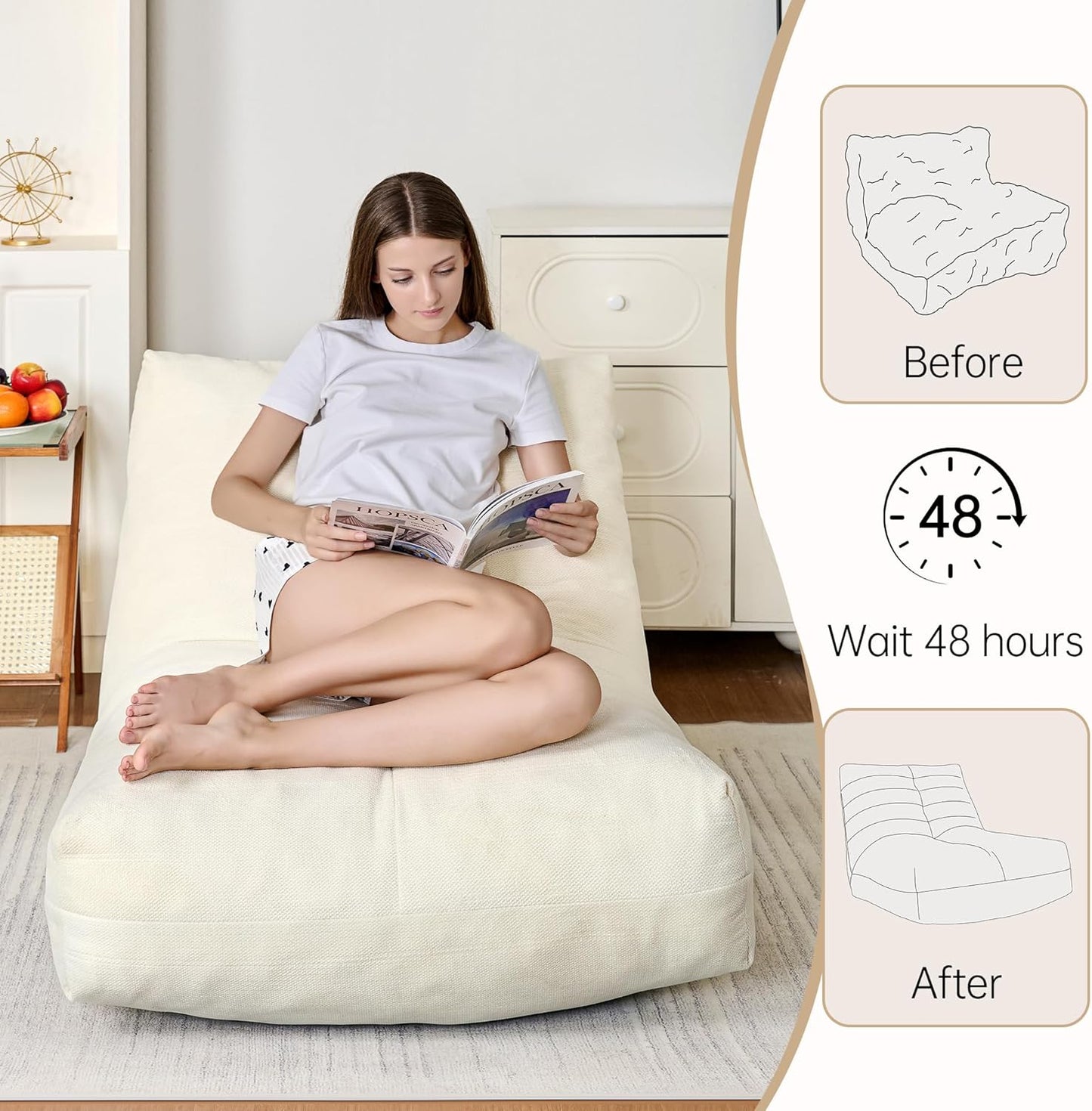 Bean Bag Chairs for Adults, Memory Foam Bean Bag Chair, Spacious Single Sofa, Ergonomic Support Reading Floor Sofa Chair with Filler, Comfy Cozy Beanbag Couch for Bedroom Living Room (Beige)