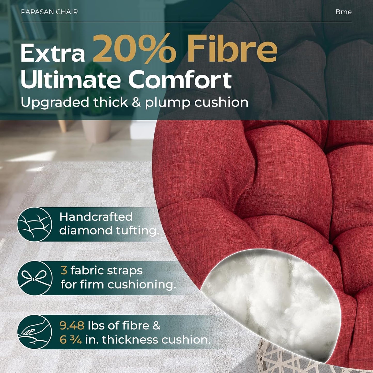 Bme 40" Ergonomic Wicker Papasan Chair with Soft Thick Density Fabric Cushion, High Capacity Steel Frame, 360 Degree Swivel for Living, Bedroom, Reading Room, Lounge, Cherry Sangria - White Base