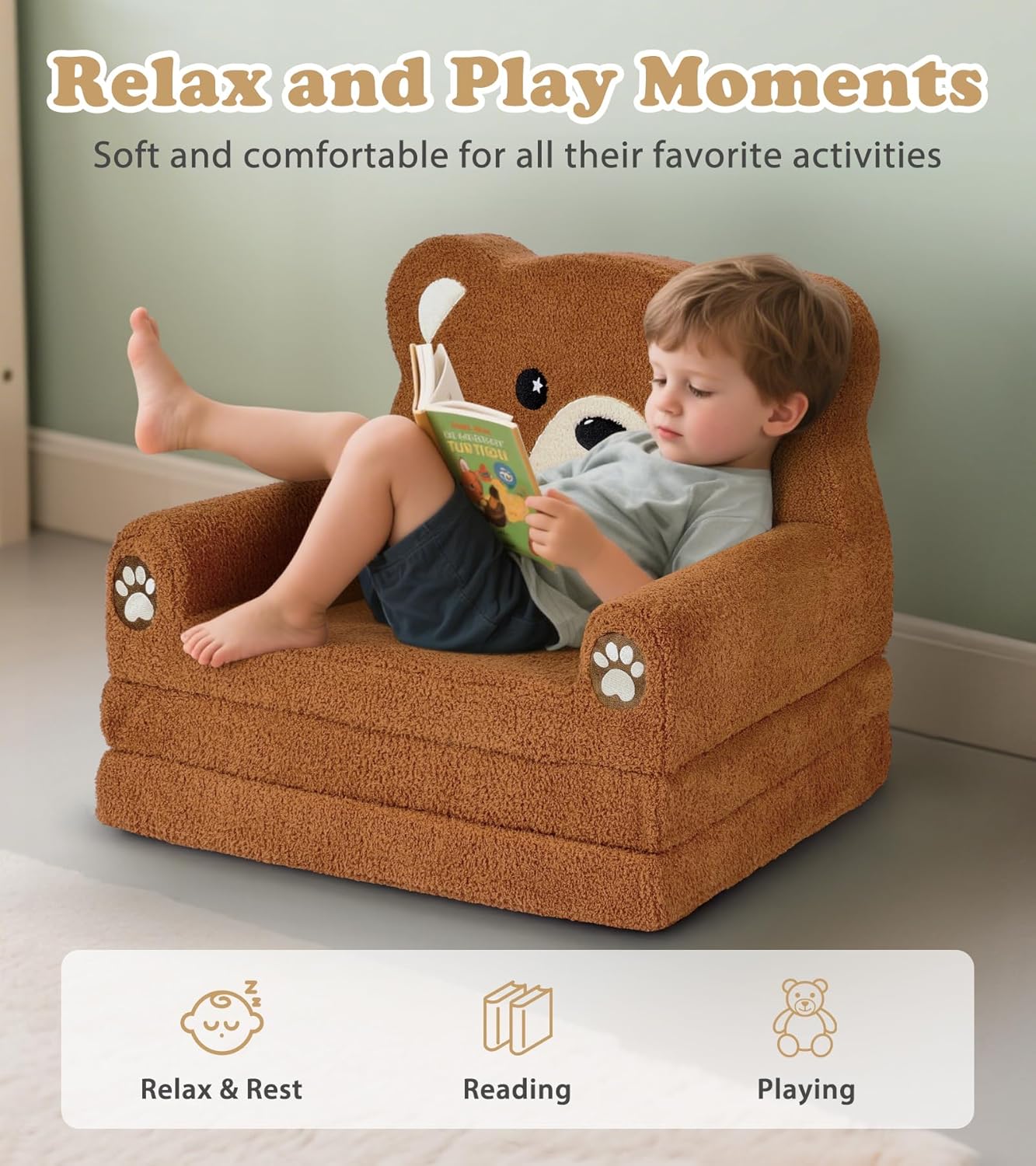 Kids Couch, 2-in-1 Soft Toddler Couch Fold Out with Blanket, Chair Comfy, Foldable Convertible Plush Sofa to Lounger, Gifts for Kids Girl Boys, Teddy Bear