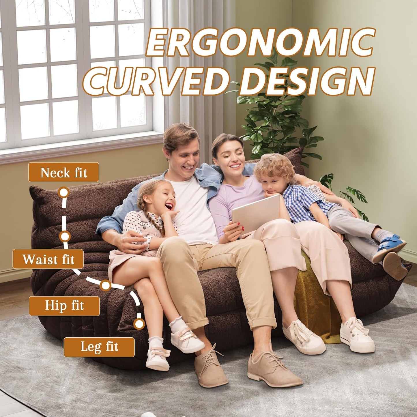 Bean Bag Chairs for Adults, BeanBag Reading Chair Memory Foam Couch 3-Seater, Floor Chair Soft Teddy Material, Comfy Reading Nook Chairs for Bedroom Living Room Office (Brown)