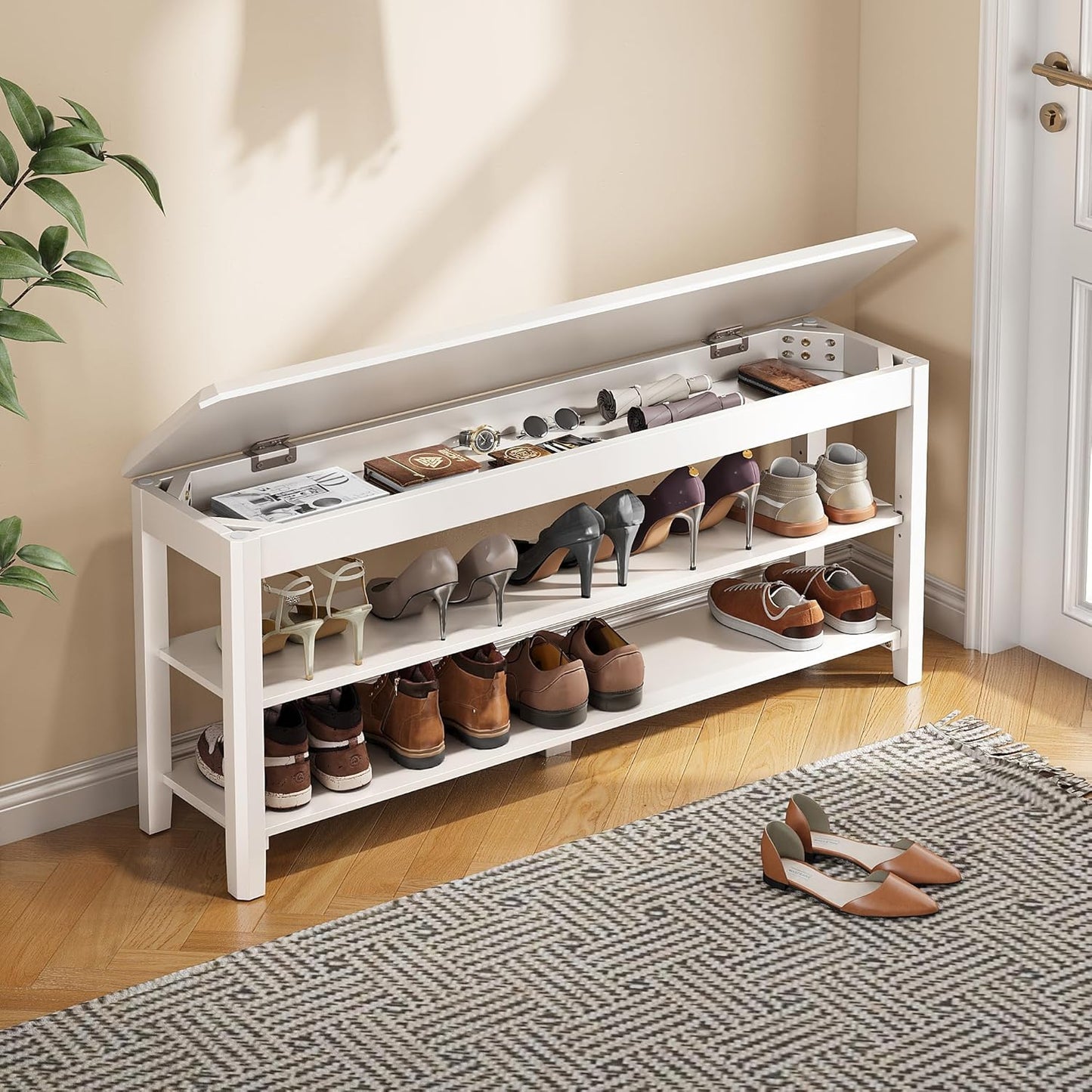 Shoe Rack Bench Seat Rubberwood 2-Tier Wooden Storage Bench 550lbs Compact Mid-Century Modern Design for Entryway, Hallway, Closet, Front Door Entrance, Foyer