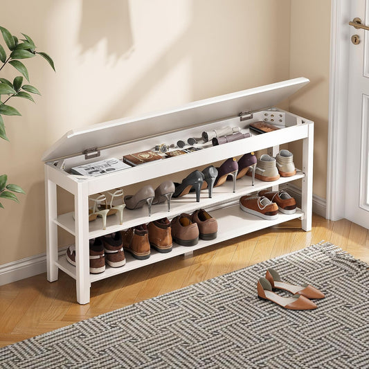 Shoe Rack Bench Seat Rubberwood 2-Tier Wooden Storage Bench 550lbs Compact Mid-Century Modern Design for Entryway, Hallway, Closet, Front Door Entrance, Foyer