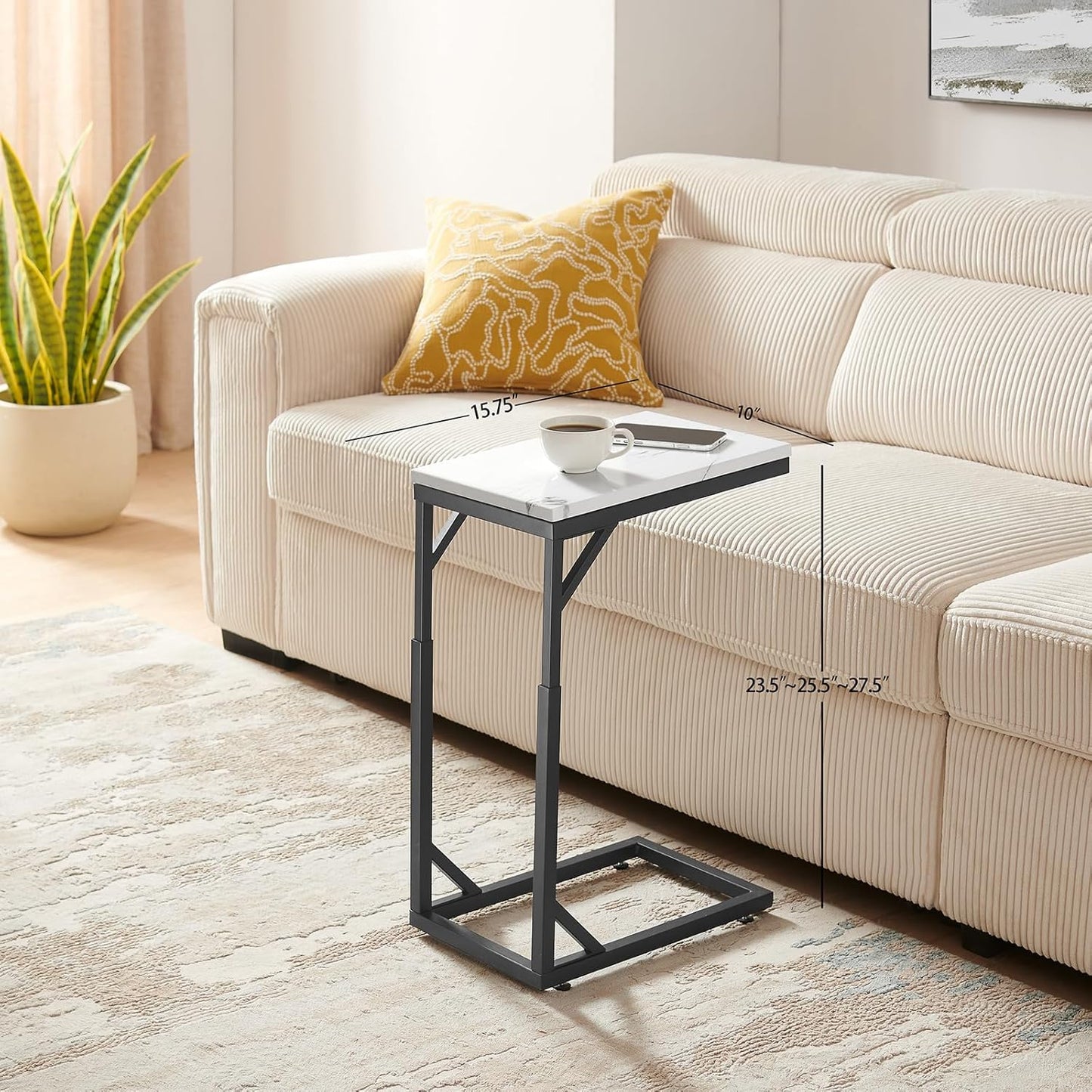 C-Shaped End Table, Small Sofa Table with Metal Frame, Adjustable Height Side Table for Couch, Living Room, Bedroom, Bedside (Black, Small)