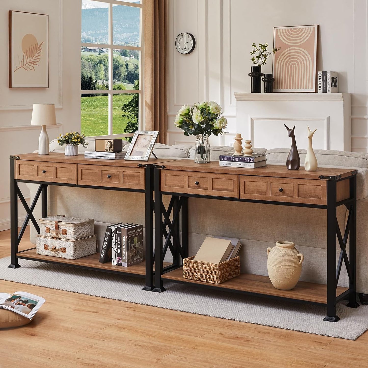 HOMBAZAAR Entryway Table,Rustic Console Table with 2 Drawers, Industrial Console Tables with Storage for Entryway, Hallway, Living Room,Brown,47 Inch