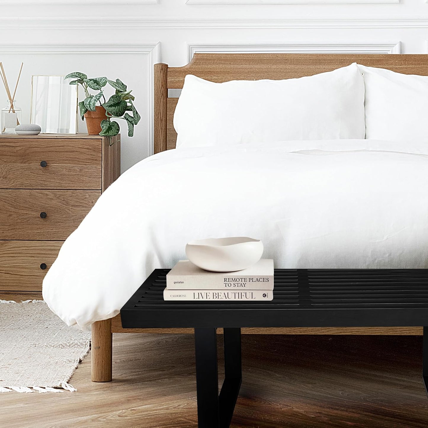 Bamboo Nelson Slat Wooden Bench, Small Wood Benches for Entryway, Living & Dining Room, Kitchen, Bedroom, Bathroom, Hallway, Front Door, for Indoor & Outdoor Patio Use, Mid Century Modern Decor