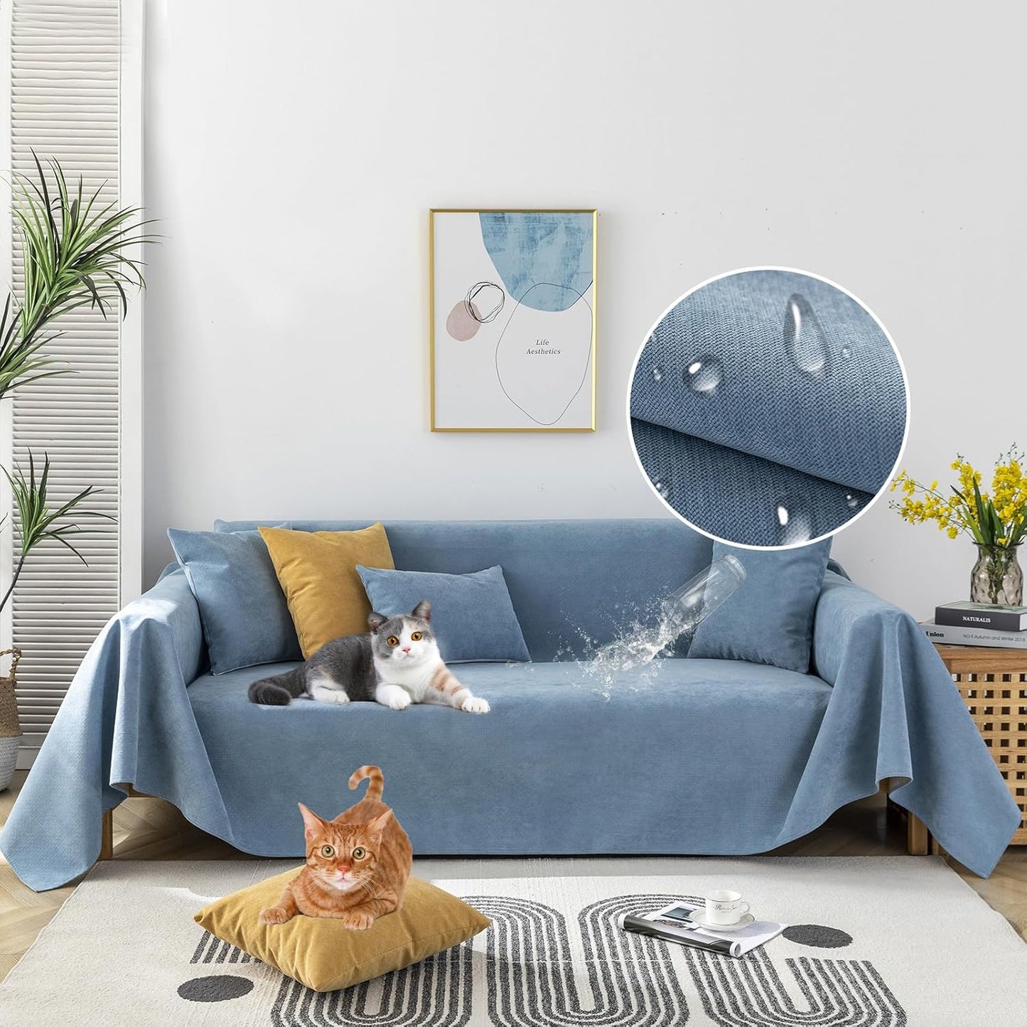 STACYPIK Blue Waterproof Blue Couch Cover, Sofa Cover for 3 Cushion Couch Pet-Friendly, Non-Slip Anti-Scratch Couch Cover for Dogs, L Shaped Sectional Cover, Washable Furniture Protector-71X134IN