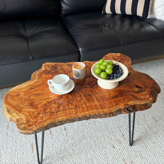 Live Edge Coffee Table, Natural Wood Coffee Table for Living Room, Natural Fir Unique Desktop with Metal Hairpin Legs (Plus Size)