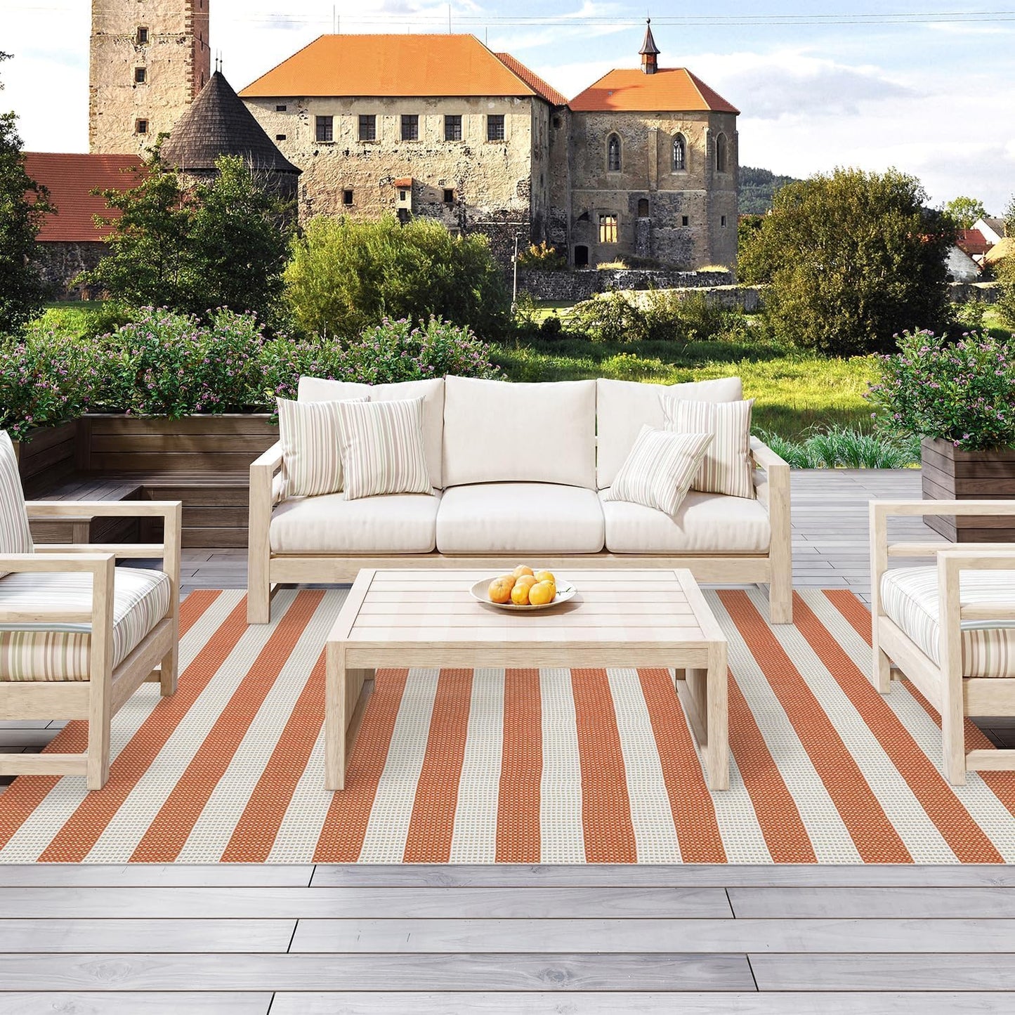 OJIA Outdoor Patio Rug 5'x7', Striped Outdoor Rugs Washable Checkered Area Rugs Cotton Woven Indoor Accent Rugs for Bedroom/Living Room/Front Porch/Deck/Backyard/Camping (Orange/White/Tan)