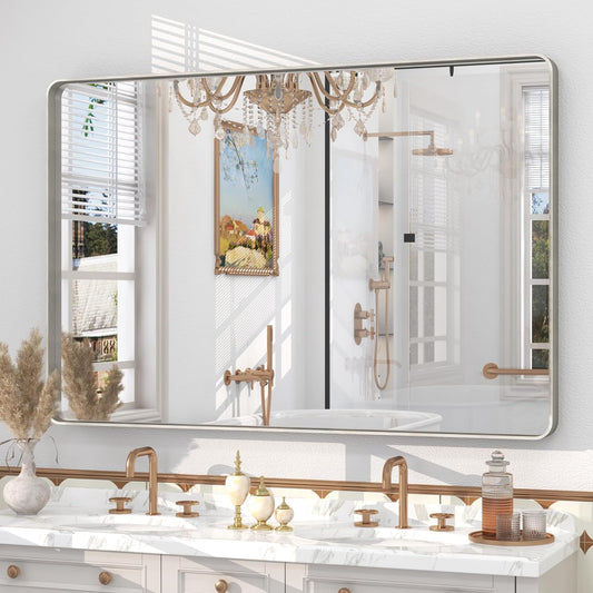 48x30 Silver Brushed Bathroom Mirror for Wall, Brushed Silver Metal Framed Bathroom Vanity Mirror, Rounded Rectangle Mirror, Shatterproof, Anti-Rust (Horizontal/Vertical)