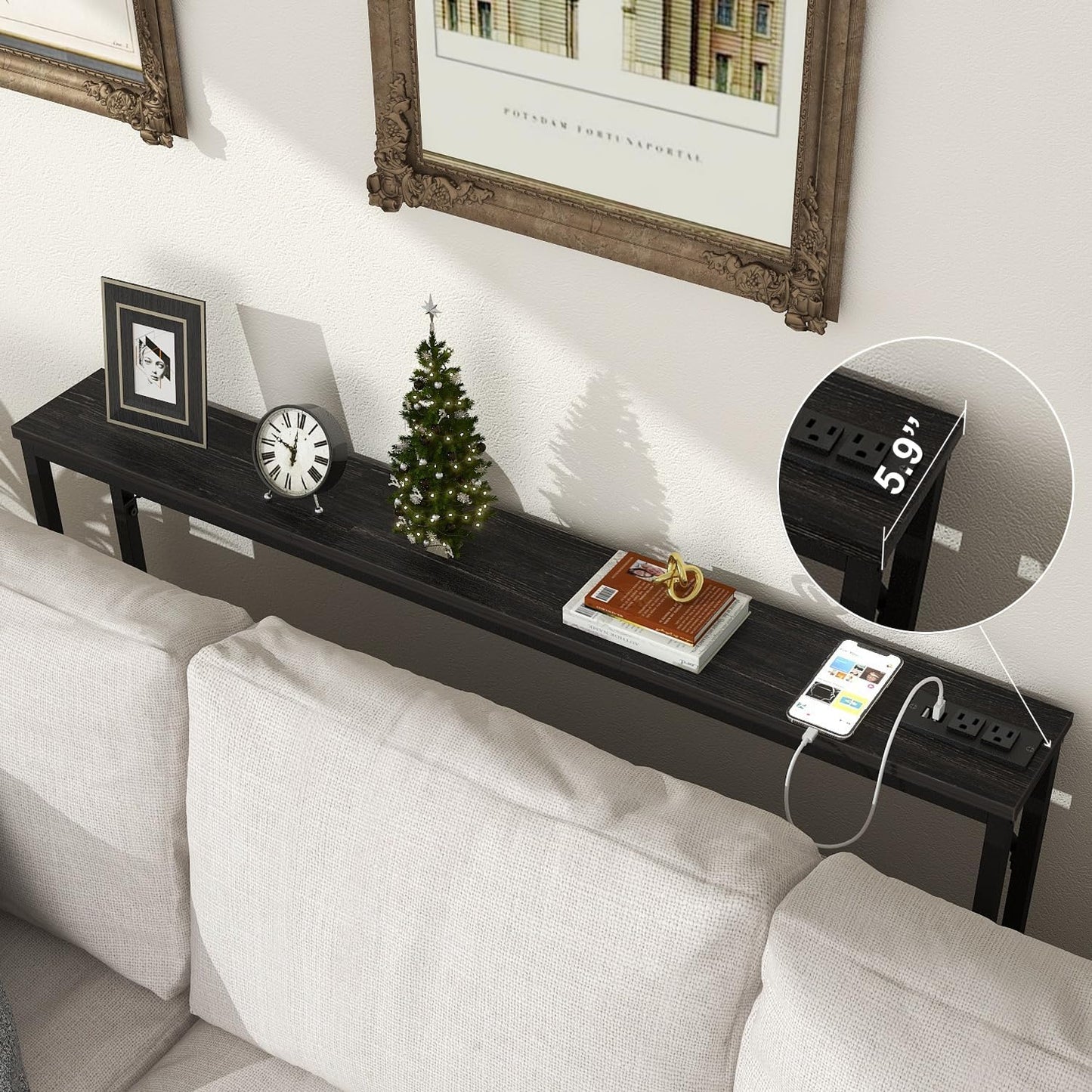 Tohomeor 5.9" Skinny Behind Sofa Console Table with Charging Station Charcoal Black 47.2" Narrow Long Behind Couch Table with Power Outlets USB Ports Thin Entry Table for Entryway Living Room Hallway