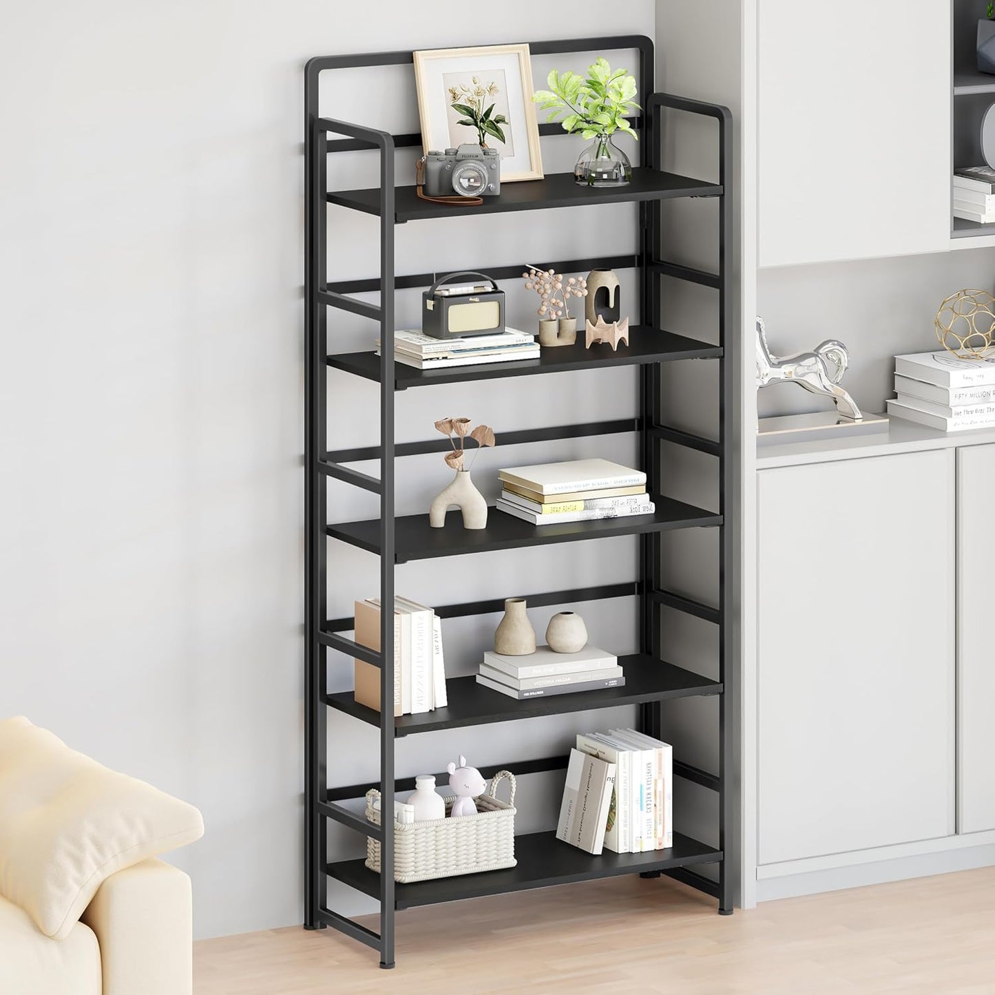 No Assembly Folding Bookshelf, 5 Tiers Collapsible Book Shelf for Home Office, Vintage Wood Foldable Bookcase Storage Organizer for Living Room Bedroom (Black)