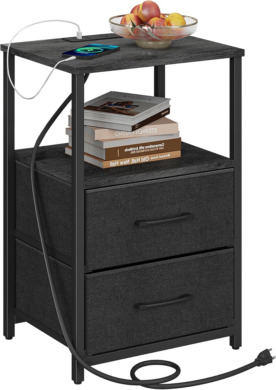 TUTOTAK End Table with Charging Station, Night Stand, Side Table with 2 USB Ports and Outlets, Nightstand with Cloth Drawer, Bedside Table for Livingroom, Bedroom Charcoal Grey TB01BY088