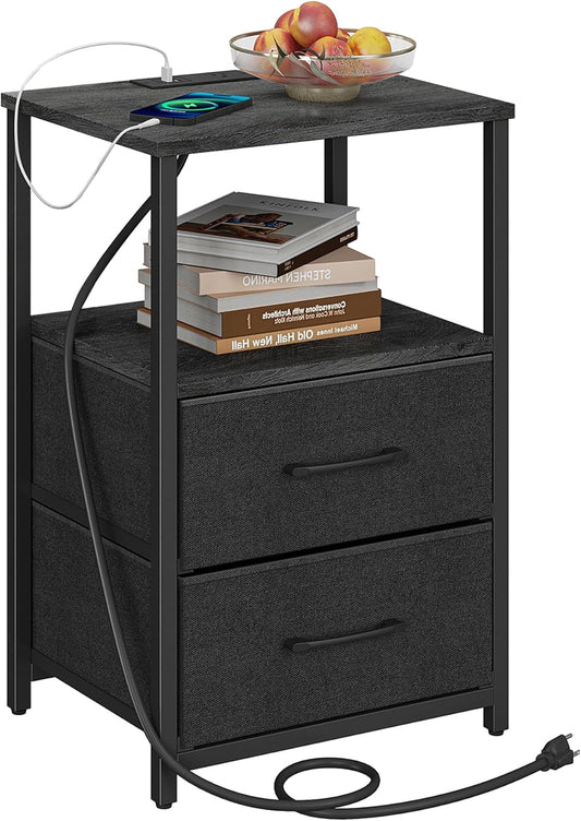 TUTOTAK End Table with Charging Station, Night Stand, Side Table with 2 USB Ports and Outlets, Nightstand with Cloth Drawer, Bedside Table for Livingroom, Bedroom Charcoal Grey TB01BY088