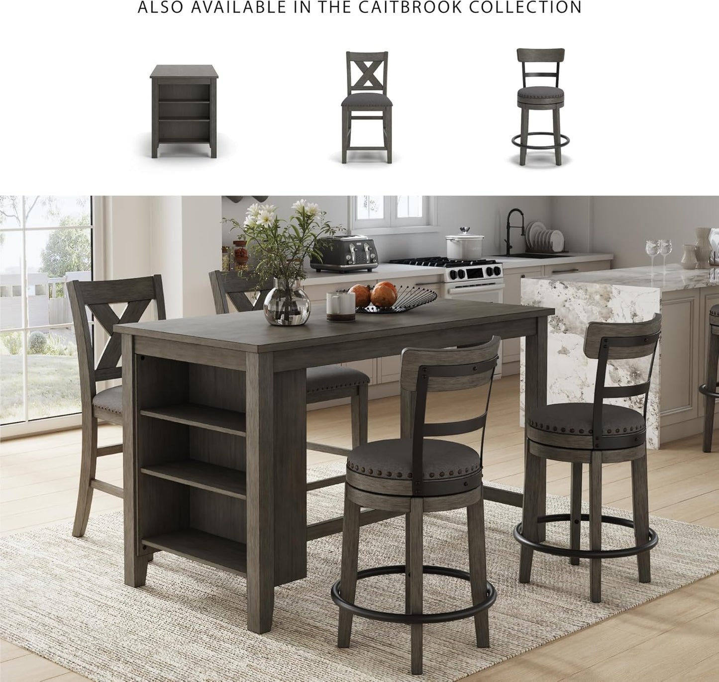 Signature Design by Ashley Caitbrook 24" Farmhouse Counter Height Upholstered Swivel Barstool, Gray