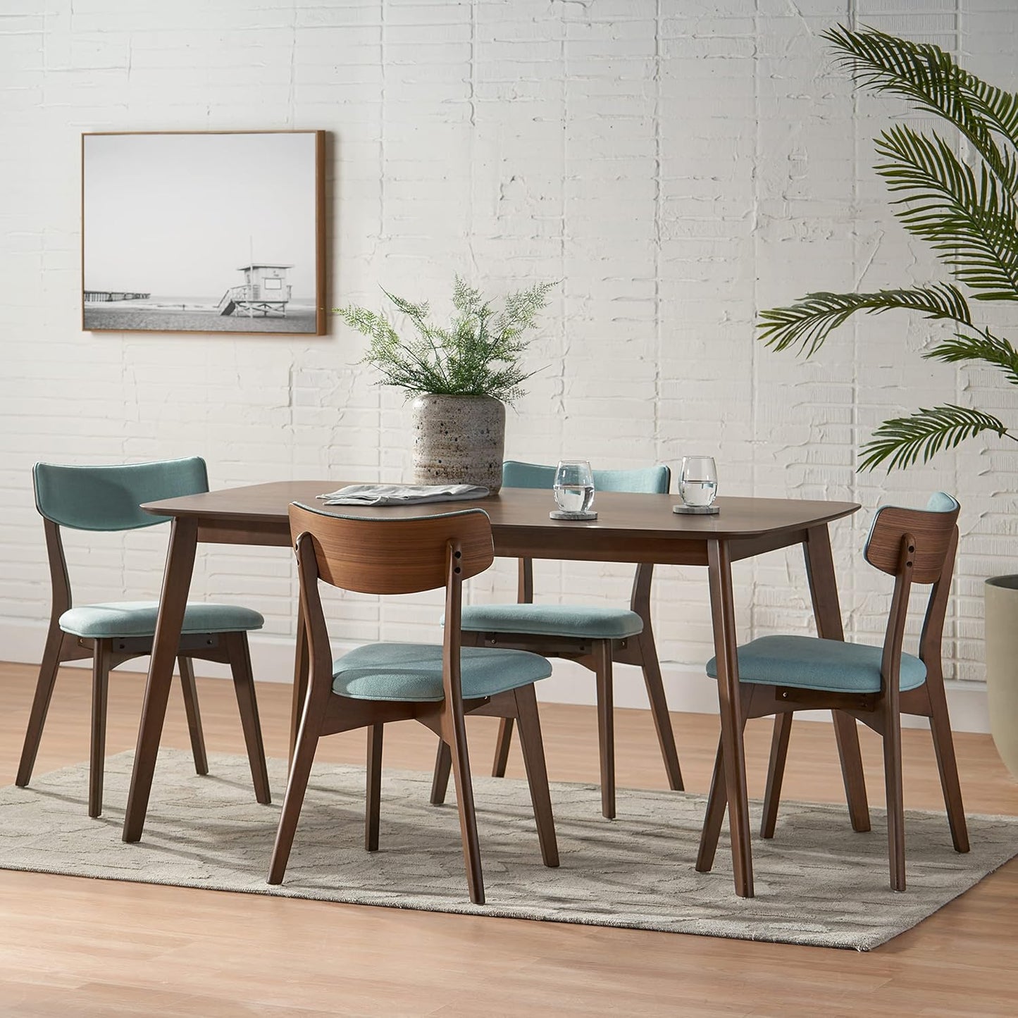 Christopher Knight Home Megann Mid-Century Wood Dining Set with Fabric Chairs, 5-Pcs Set, Natural Walnut / Mint