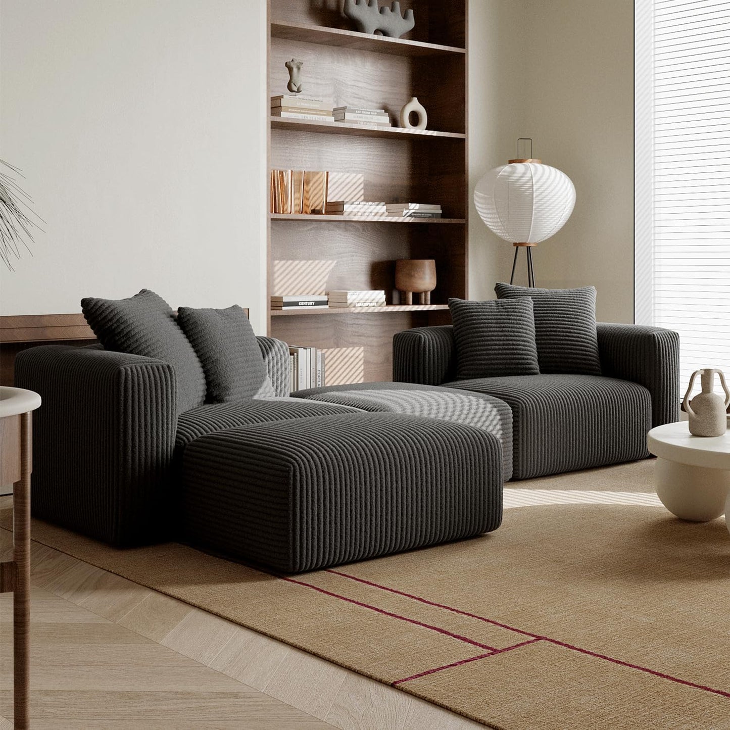 Acanva Corduroy Convertible Modular L Shaped Sectional Sofa, 4 Seater Free Combination Corner Couch, Convertible to DayBed, Wide Loveseat with Moveable Ottomans for Small Spaces, Sleeper Bed, Black