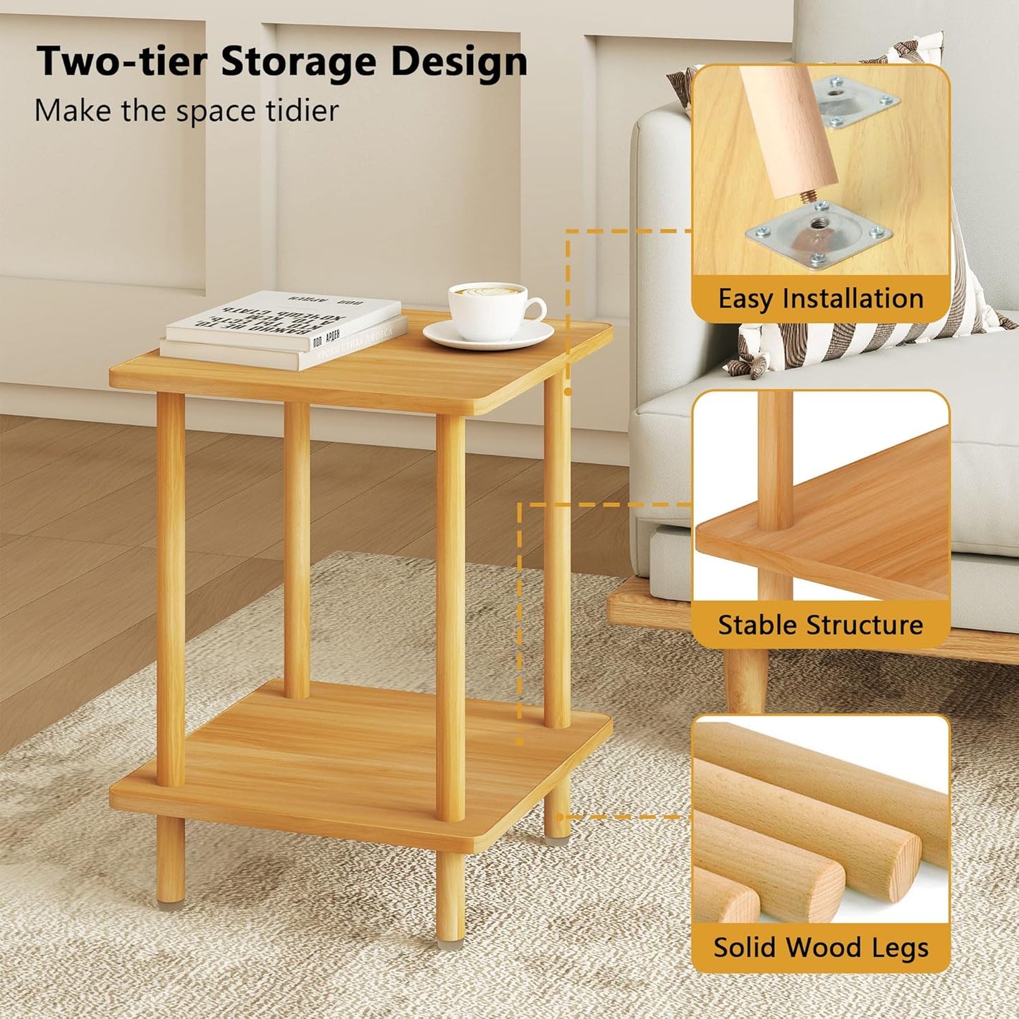2-Tier End Table,Multi-Layer Side Cabinet with 4 Solid Wood Sturdy Legs for Living Room and Bed Room, Minimalist Modern (15.8"*15.8"*21")