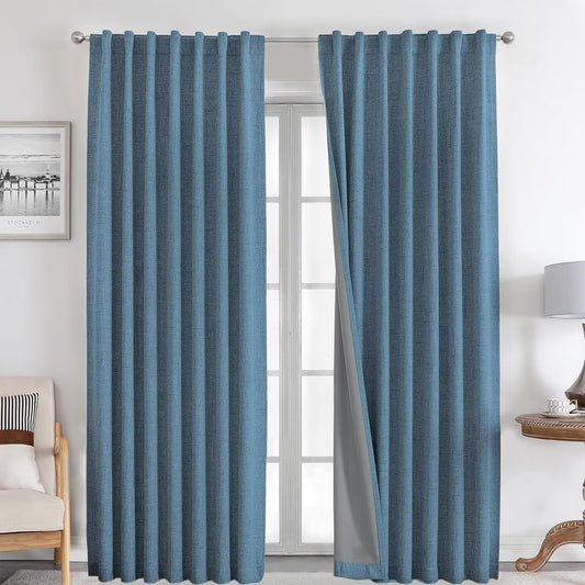 Joydeco Natural Linen Curtains 120 inch Length 2 Panels Set Burg 100% Blackout Patio Door Curtain Room Darkening Sliding Door Curtains Thermal Insulated Back tab Rod Pocket(105x120 inch, Sky Blue)