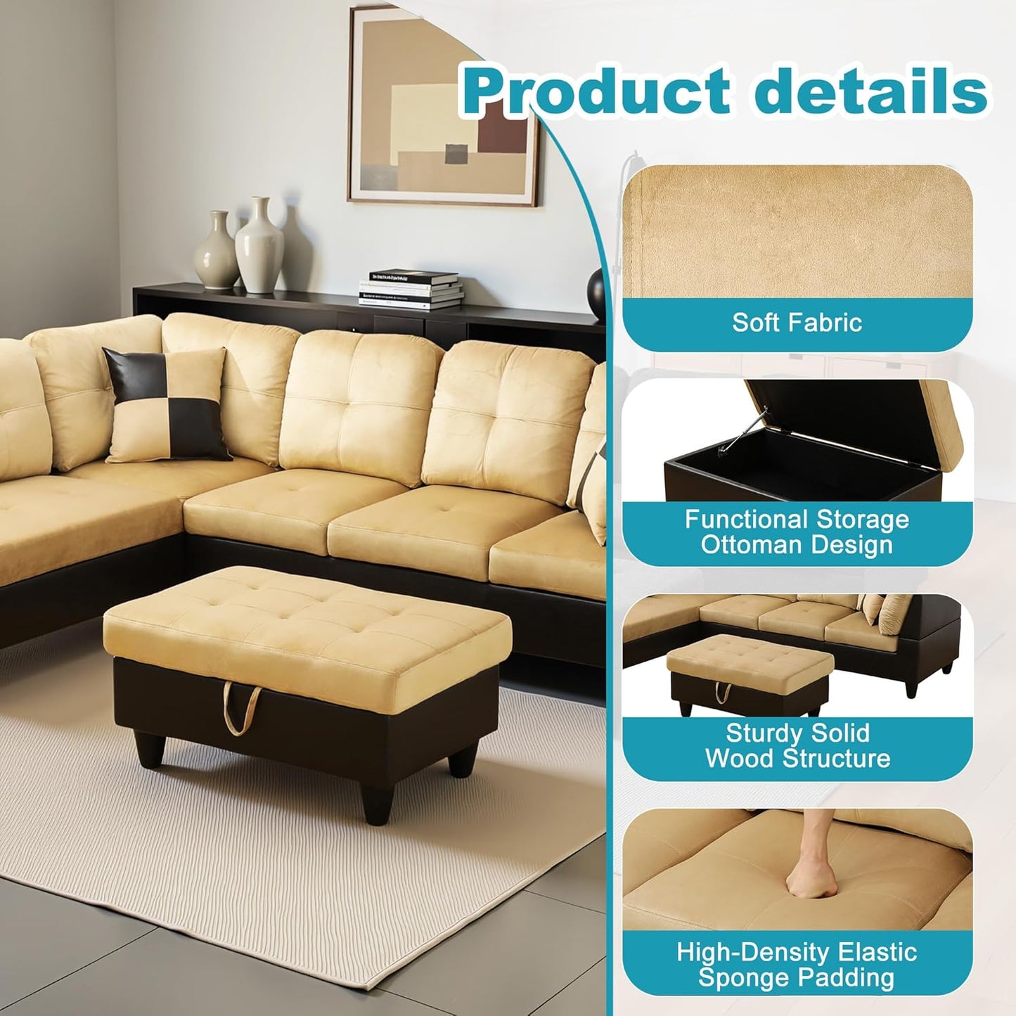 L Shaped Couch Modern Sectional Couch Upholstered Lint Fabric 3 Pieces Sofas for Living Room with Chaise, Storage Ottoman for Office and Small Apartment, Beige and Brown