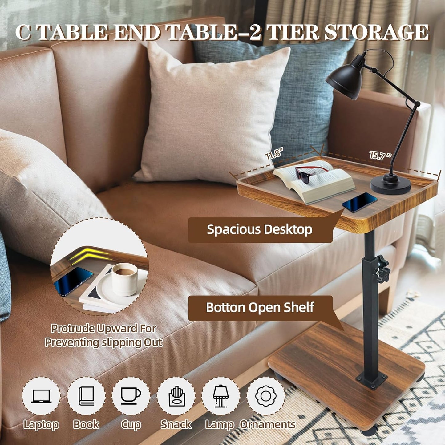 C Table Side Table End Table Adjustable Height，C Shaped End for Couch，Snack Tables,360°Swivel TV Tray Sofa Table， for Small Spaces，Side Tables Living Room and Bedroom for Sofa, Bed,Chair