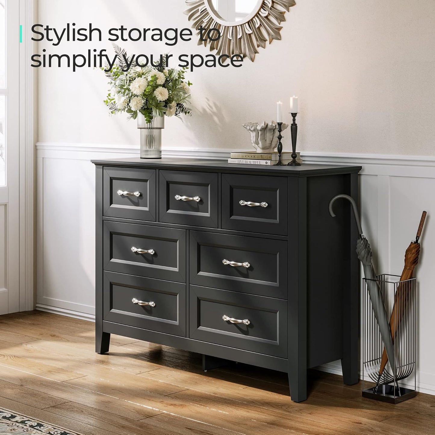 LINSY HOME Black Dresser for Bedroom, Long Dresser with 7 Drawers, Wood Chest of Drawers with Metal Handles, Ideal for Living Room, Entryway and Hallway