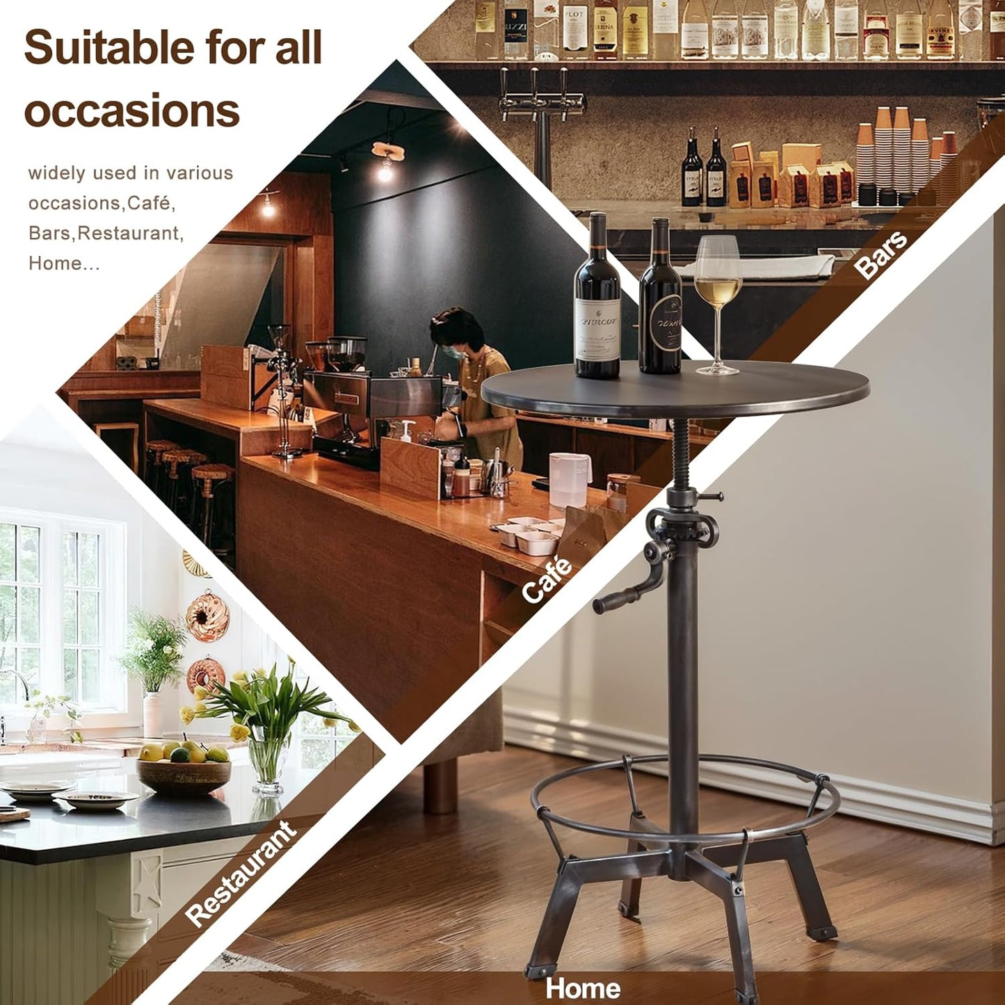 LOKKHAN 33.5"-39.4" Tall Industrial Bar Table-Adjustable Bar Height Pub Table-23.7" Dia Swivel Round Metal Top-Easily Adjusts by Crank Handle, Silver Gray