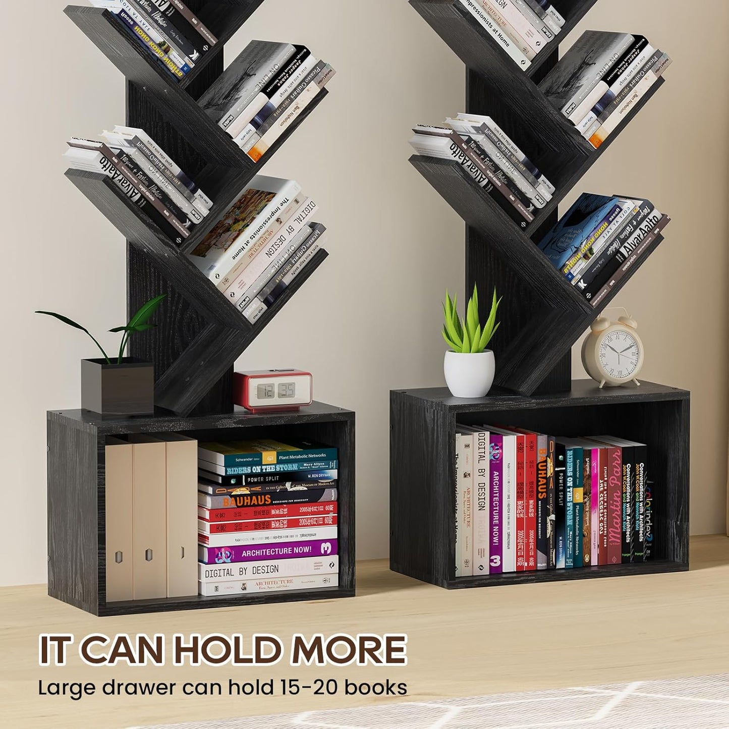 6 Tier Tree Bookshelf, Sturdy Retro Floor Standing Wood Bookcase, Storage Rack for Home Office, Living Room, Bedroom, Reading Spot, Heavy Book Organizer Shelves for CDs/DVDs/Movies, Black