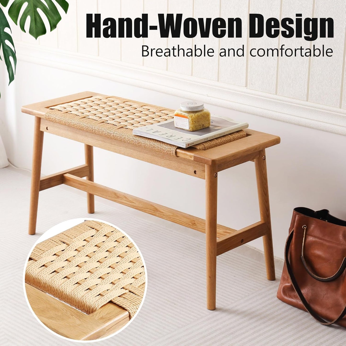 33.5" L Wood Dining Bench Indoor, 100% Natural Solid Oak Bed Bench Hand Woven Enterway Bench Small Bench for Dining Room, Bedroom, Kitchen (Natural)