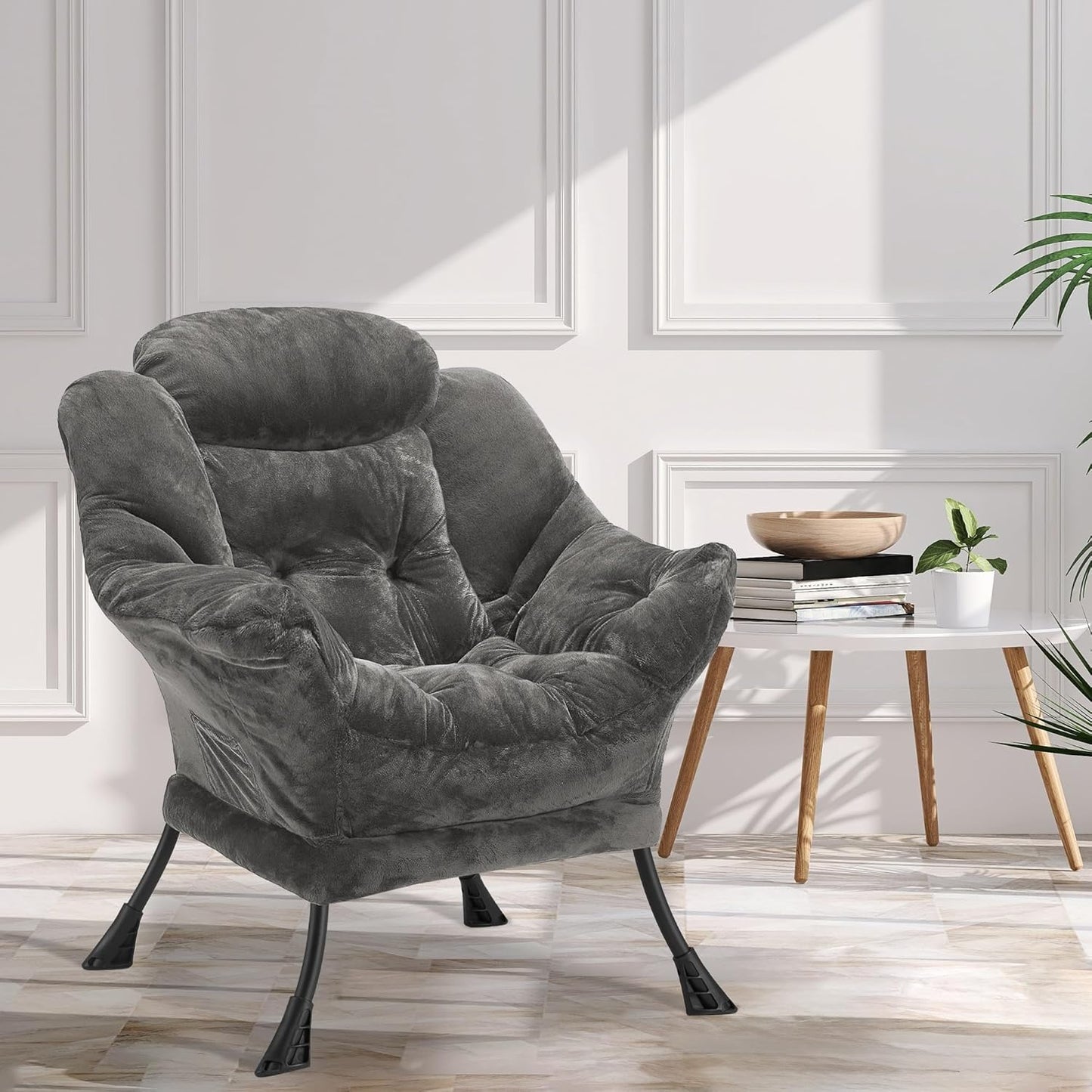 Fabric Lazy Chair for Adults, Oversized Upholstered Sofa Chair, Plush Comfy Lounge Chair with Large Side Storage Pocket, Thick Padded Reading Chair for Living Room, Bedroom, Office, Dark Gray