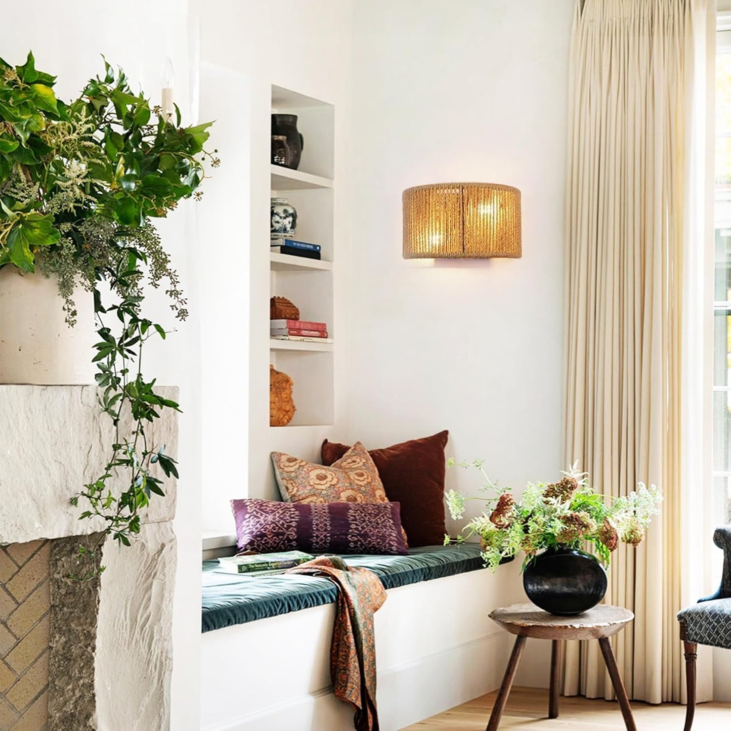 Rattan Wall Sconce Boho Wall Light Fixture Hand Woven Wall Mounted Lamp for Bedside, Staircase, Aisle, Porch, E12 Base D9.7 Inch