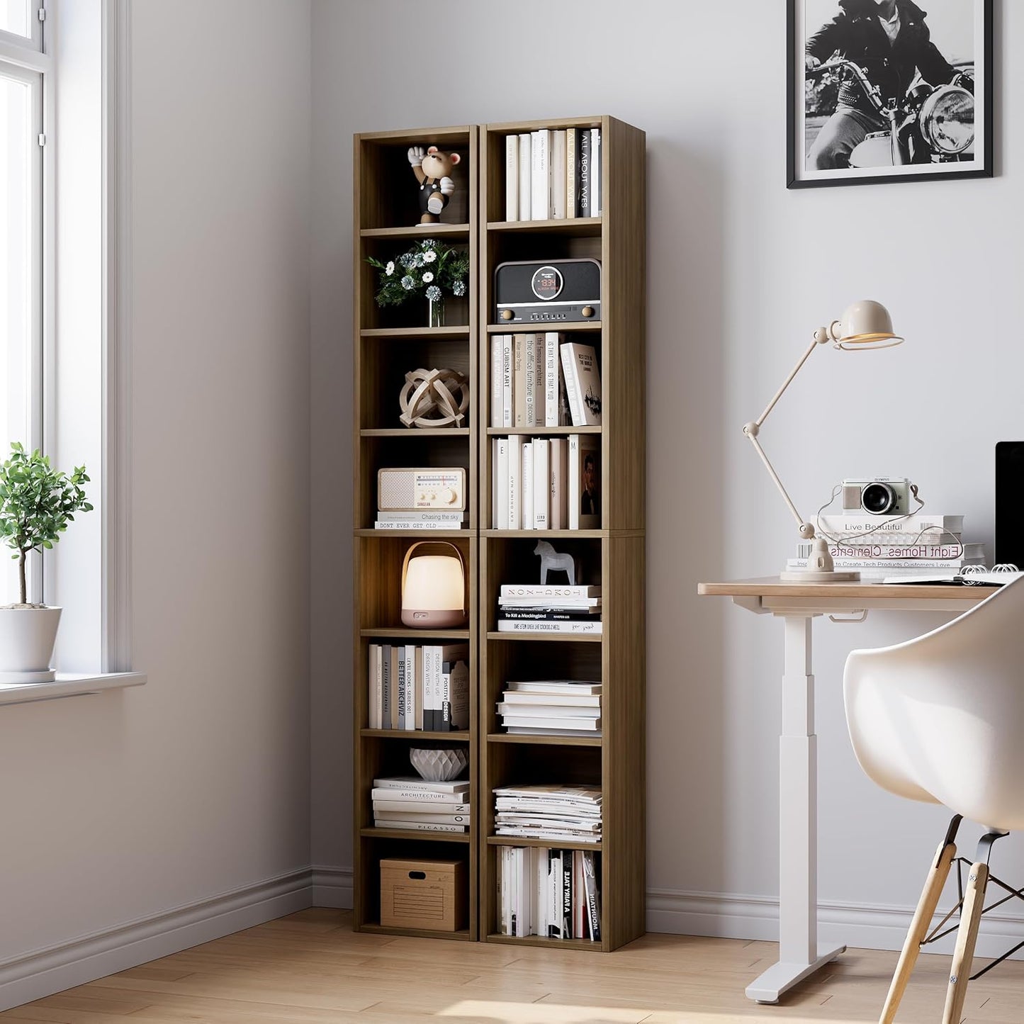 Bamjoy 71 Inches Tall Narrow Bookshelf, 8-Tier Slim CD DVD Media Shelf, Corner Bookcase with Adjustable Shelves, Cube Skinny Bookshelf for Home Office Small Space, Light Walnut