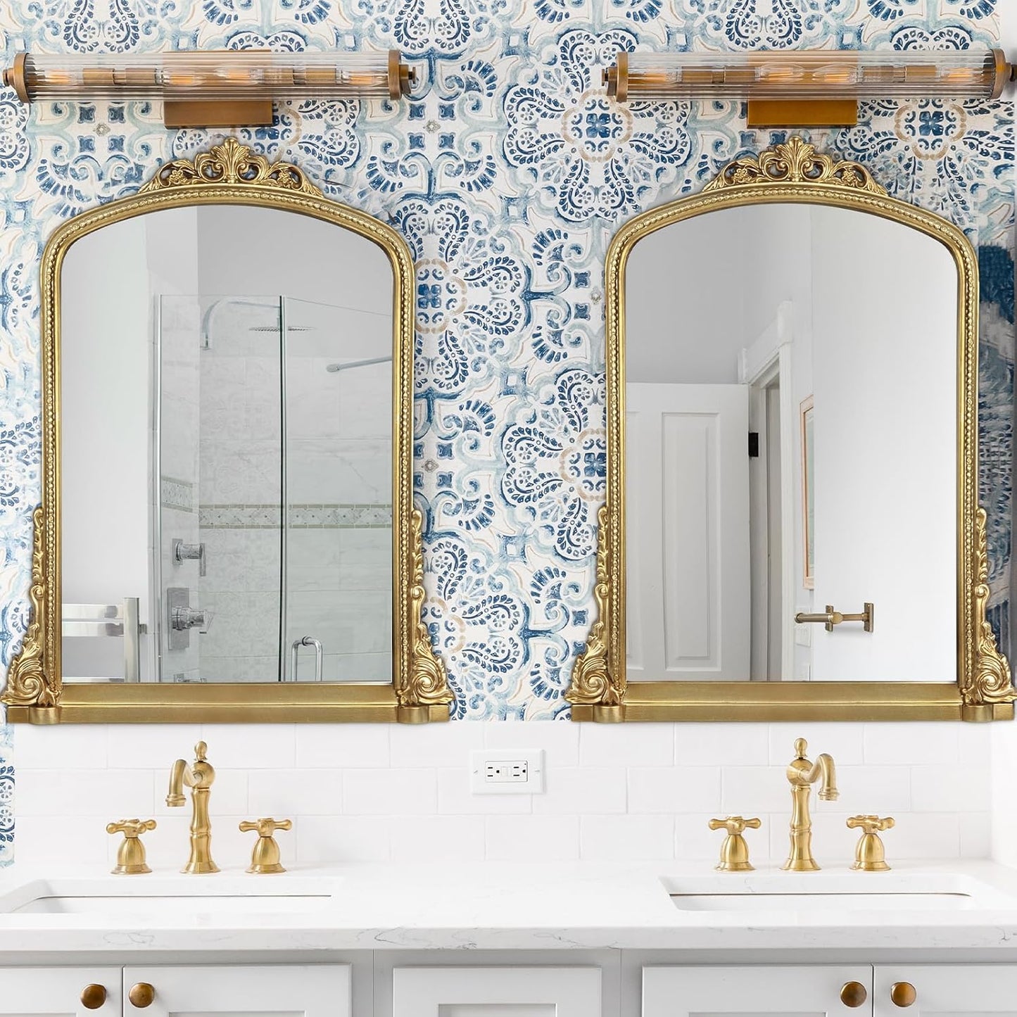 Traditional Ornate Arch Wall Mirror Vintage Fireplace Mirror Mantel Decor, Antique Gold, 36 inches x28 inches, Baroque Inspired Wall Mirror, 28 inches W x 36 inches L, 21004-GD