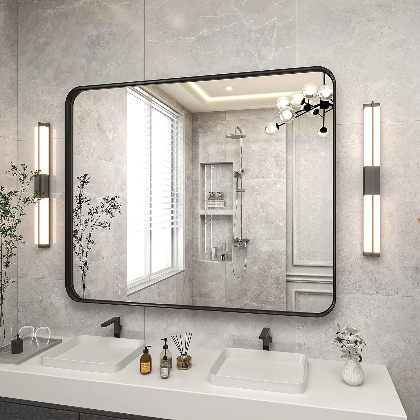 Bathroom Mirror 30x40 inch, Black Gorgeous Deep Frame Wall Mirror, Modern Round Corner Bathroom Vanity Mirror for Bedroom, Living Room, Hanging or Leaning Horizontal or Vertical, Black