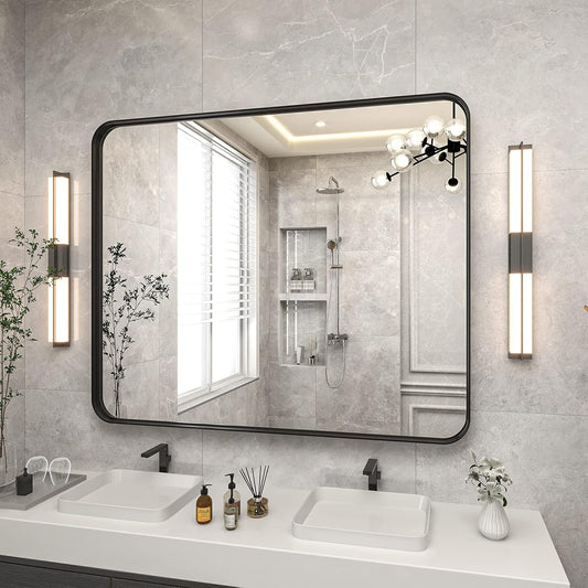 Bathroom Mirror 30x40 inch, Black Gorgeous Deep Frame Wall Mirror, Modern Round Corner Bathroom Vanity Mirror for Bedroom, Living Room, Hanging or Leaning Horizontal or Vertical, Black