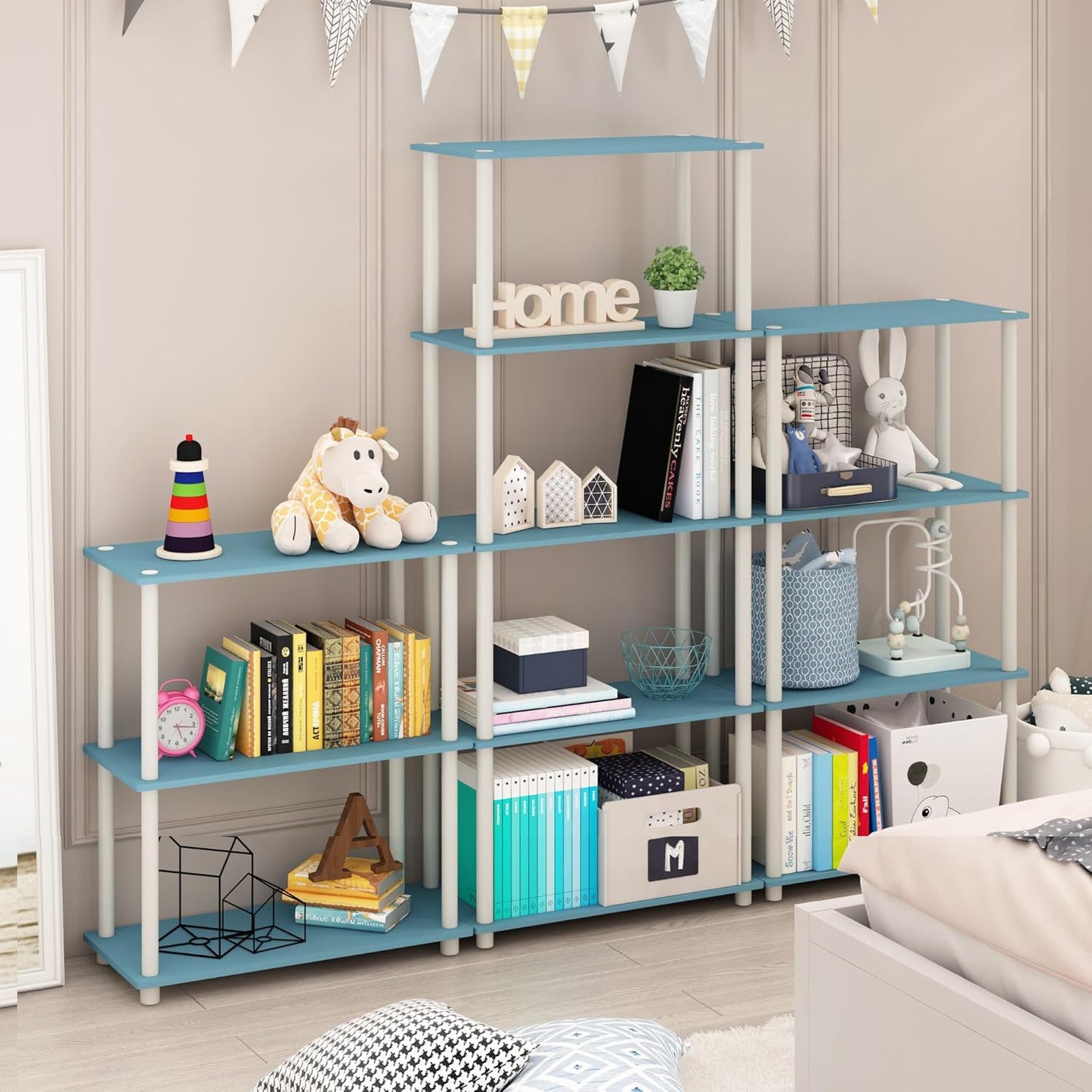 Furinno Turn-N-Tube 4-Tier Multipurpose Shelf Display Rack, Round Tubes, Light Blue/White