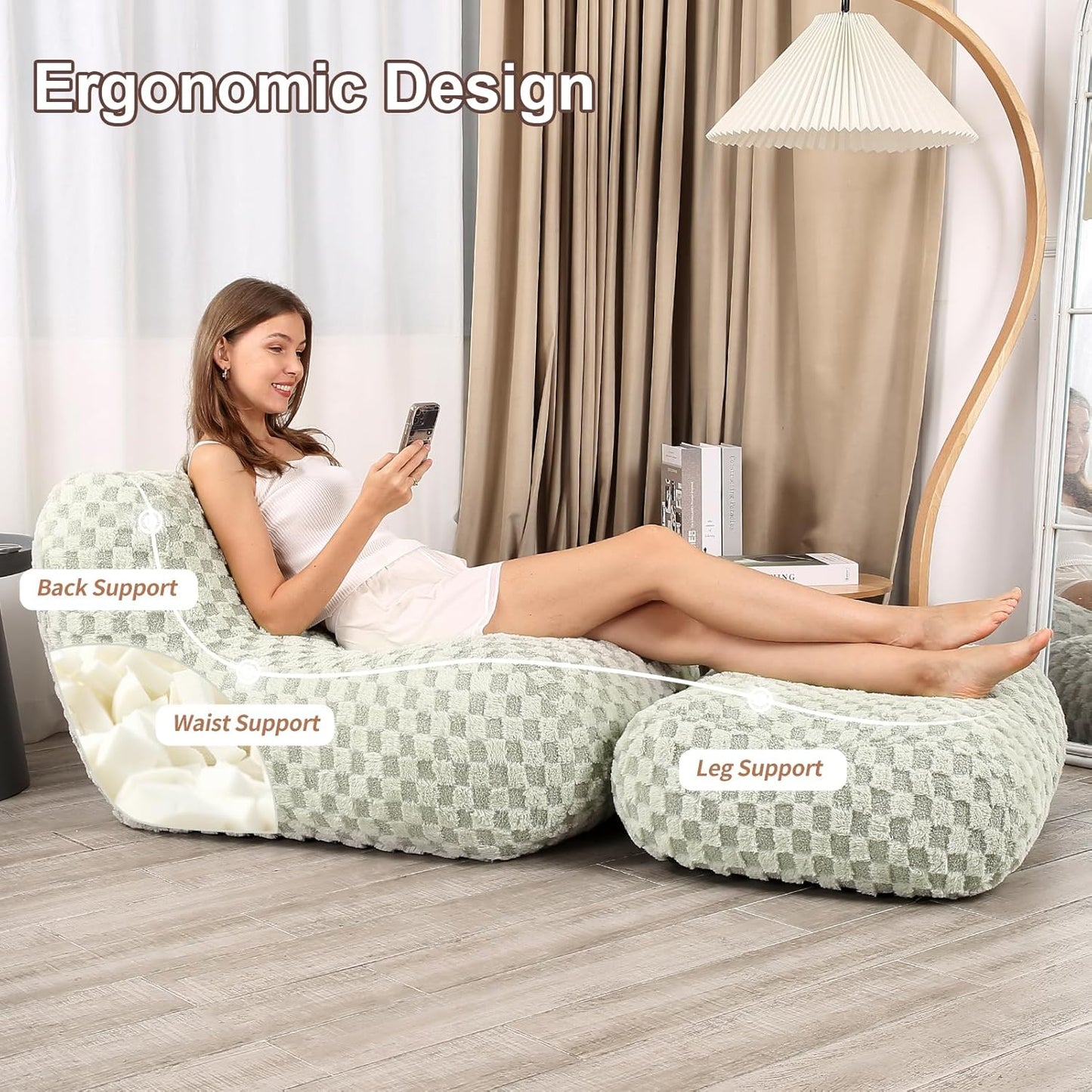 Bean Bag Chair with Footstool, Comfy Reading Sofa Chair for Adults, Modern Floor Sofa for Livingroom, Bedroom, Green